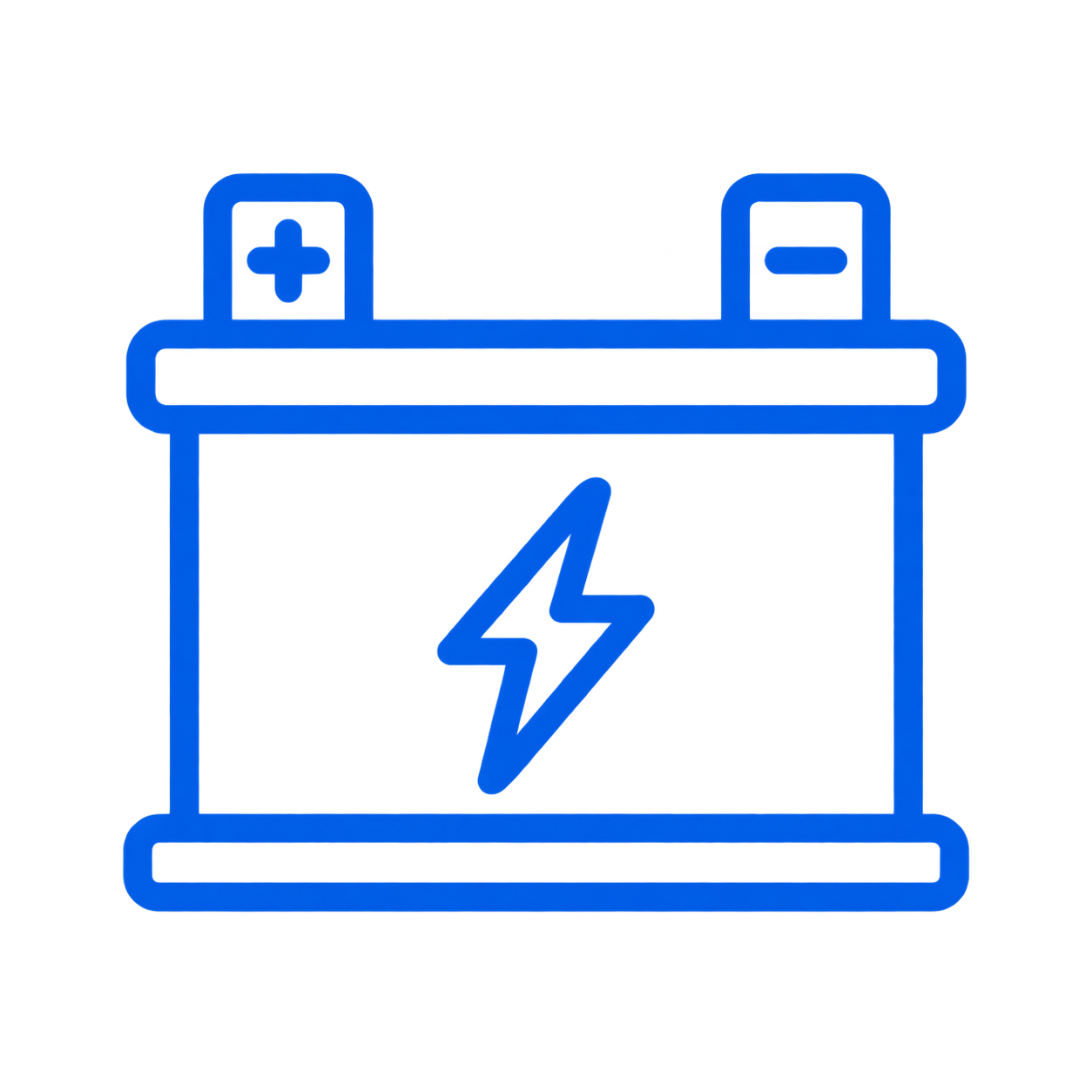 Digital illustration of a car battery with a lightning bolt symbol in the center.