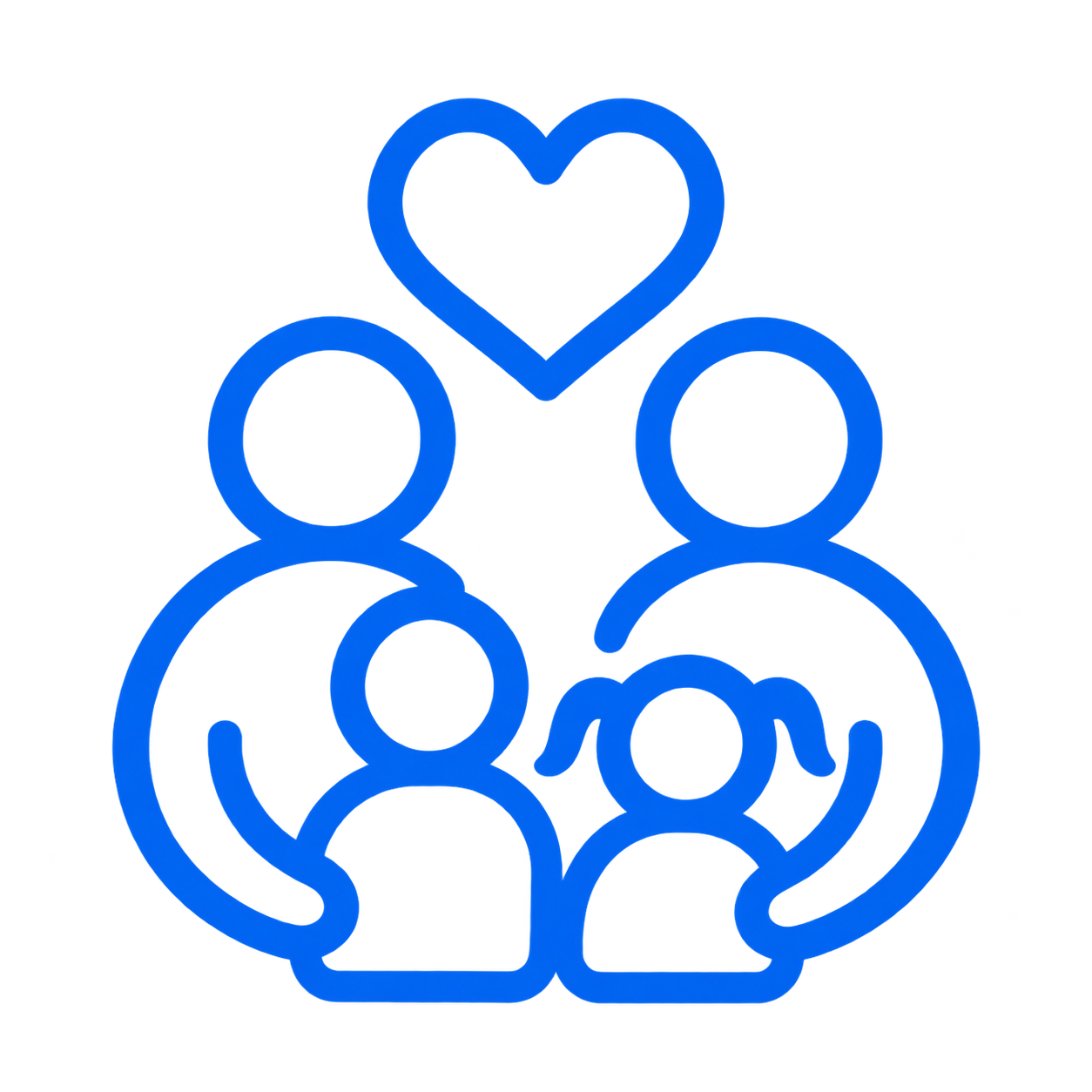 Blue outline icon of three human figures with a heart above them, representing community or support.