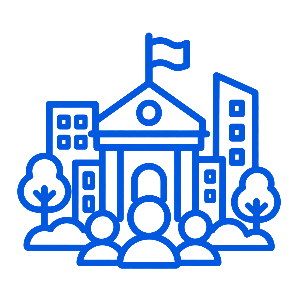 Blue outline of a school building with a flag on top, surrounded by icons of two buildings, two trees, and a group of people.