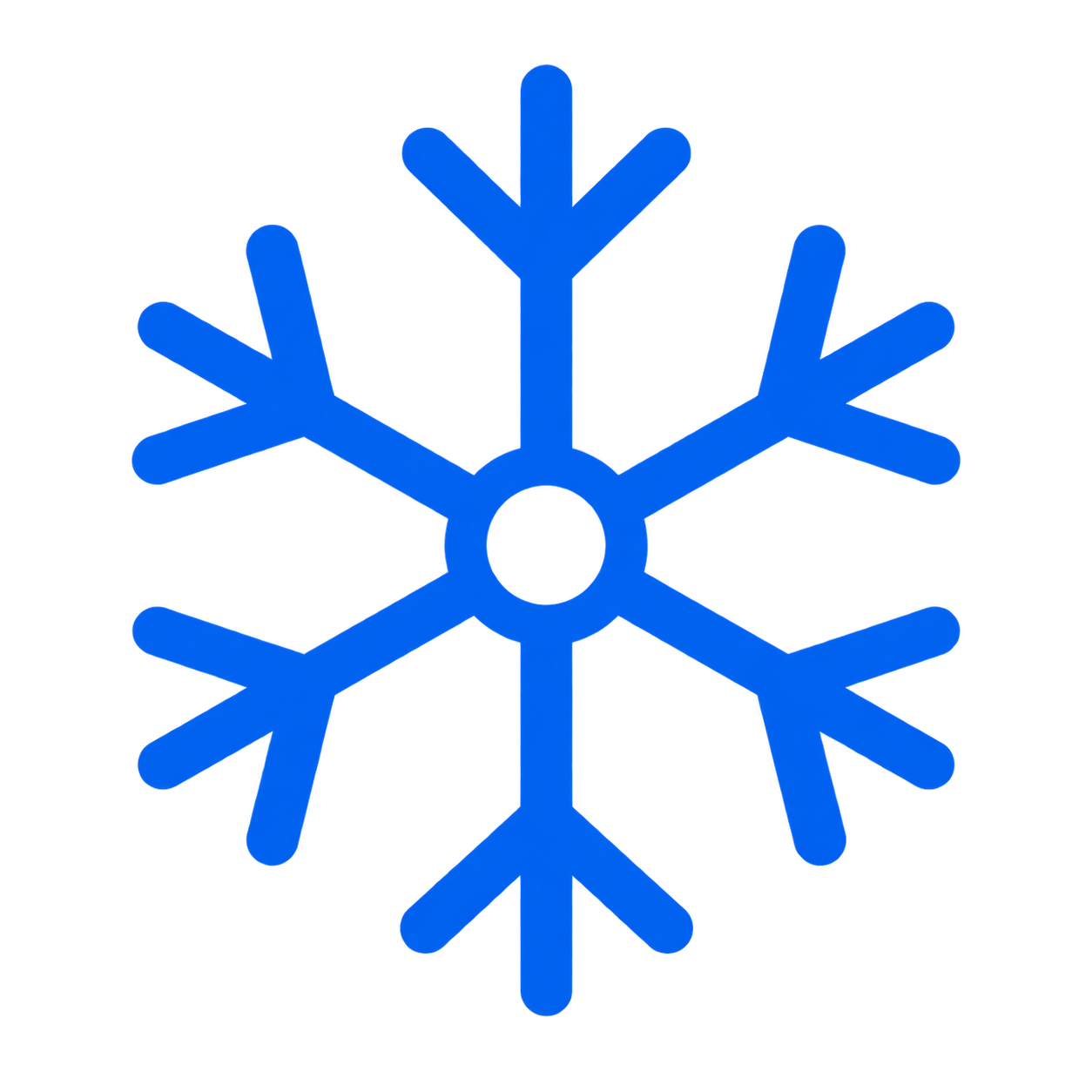 A blue snowflake with six branches against a black background.
