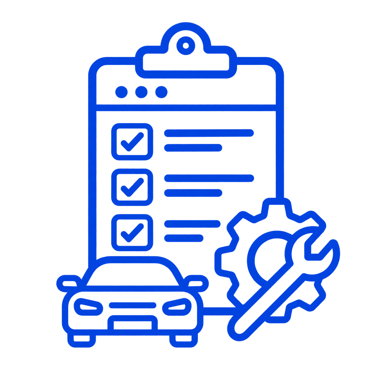 Blue digital outline of a document with checkmarks, a small car, and a gear icon, representing vehicle maintenance or service management.