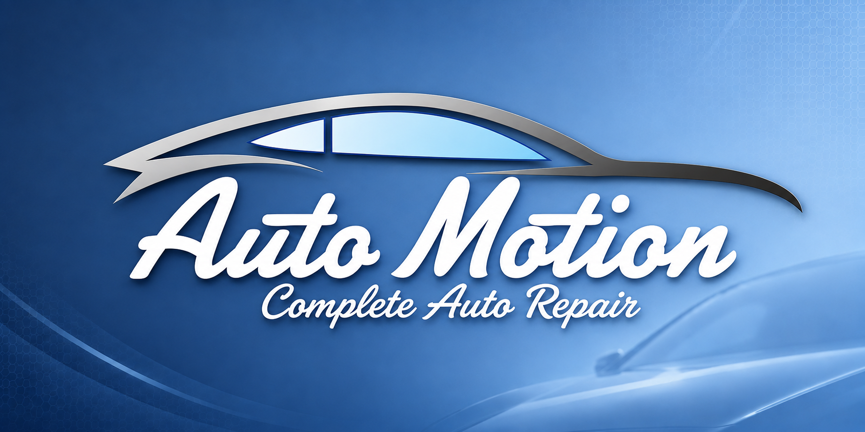 Auto Motion sign with a stylized car logo and the text 'Auto Motion' and 'Complete Auto Repair' on a blue background.