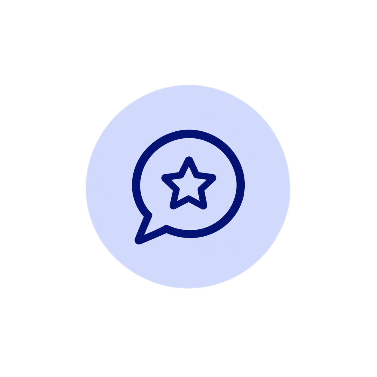 A chat bubble icon with a star inside, depicted in blue on a circular white background.
