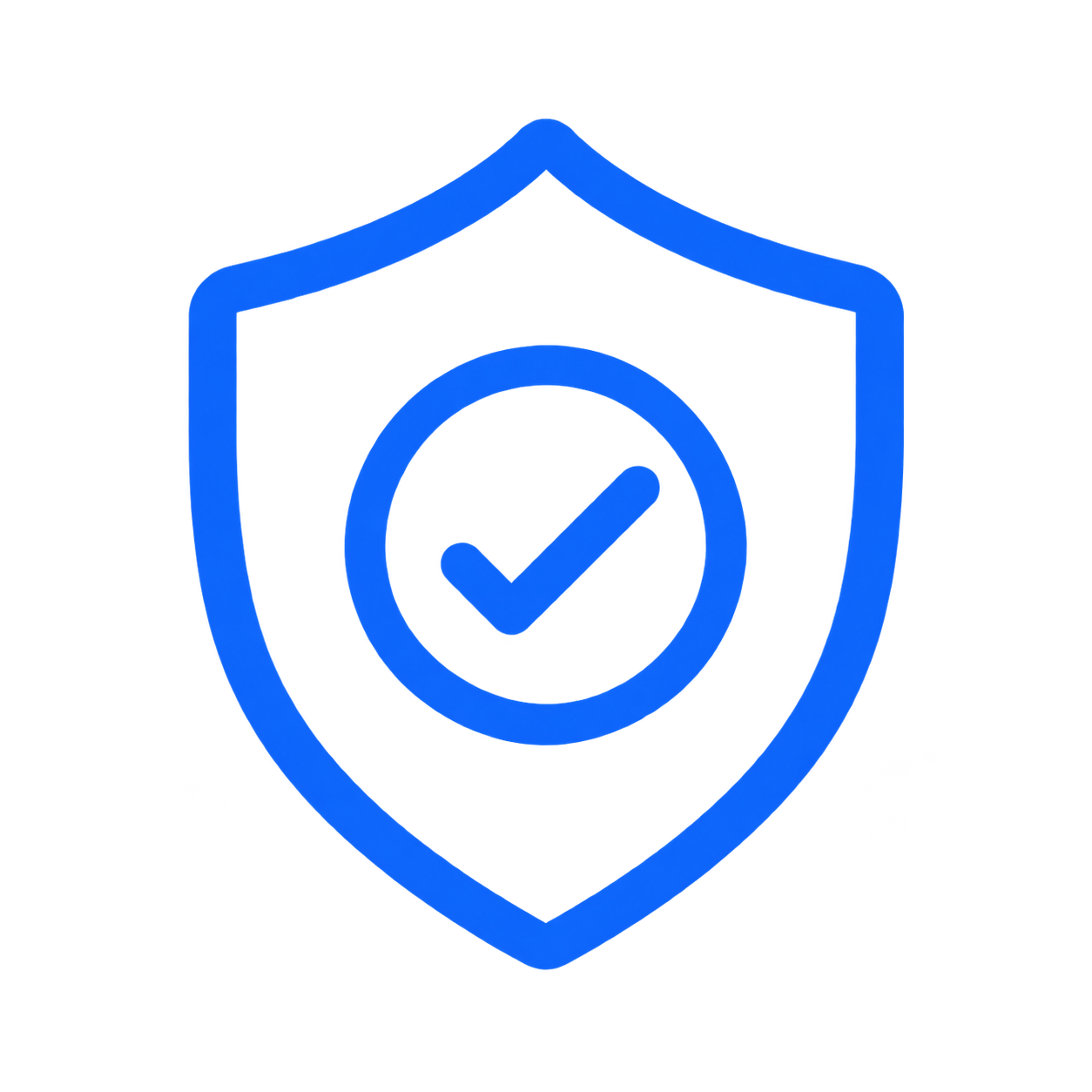 A blue shield with a checkmark inside a circle in the center, symbolizing security or protection.
