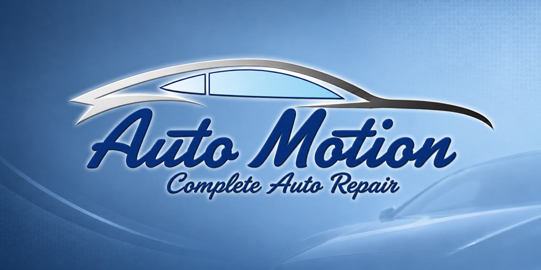 Logo for Auto Motion, a complete auto repair shop, featuring a stylized car outline and blue text on a blue background.