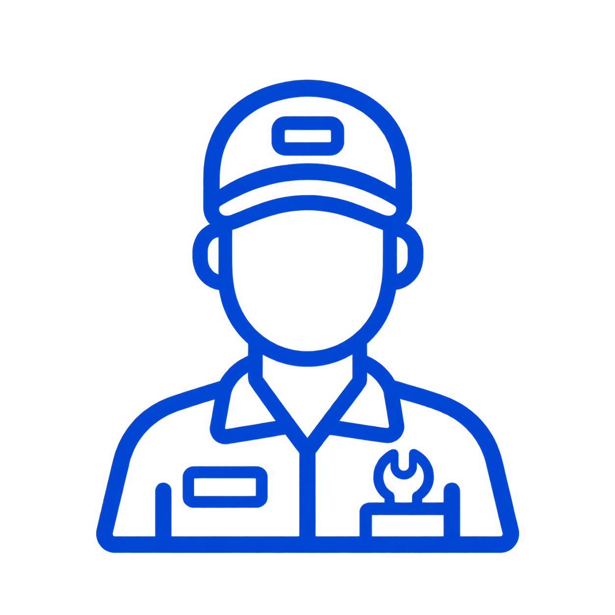 Blue outline of a male professional, wearing a cap with a badge, and a shirt with a name tag and a pocket with a wrench and screwdriver, symbolizing maintenance or service work.