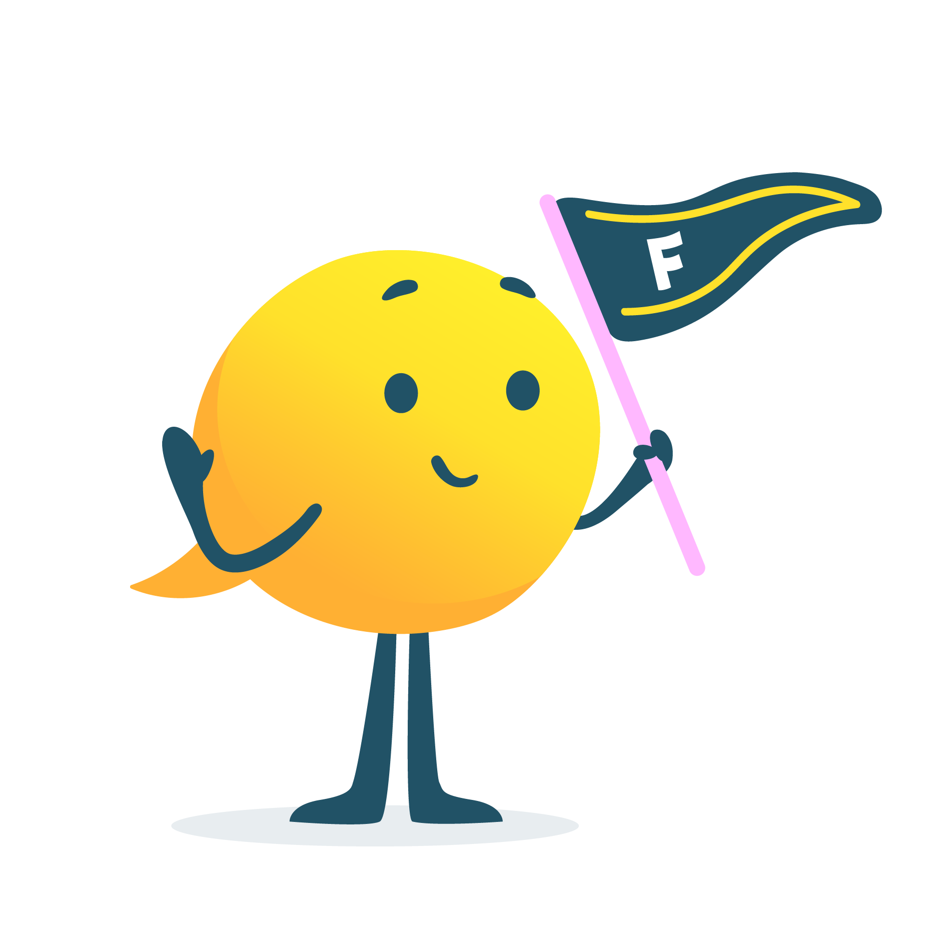 Animated yellow smiley face character with arms, legs, and a face holding a pink pole with a navy blue flag that has a white 'F' on it.