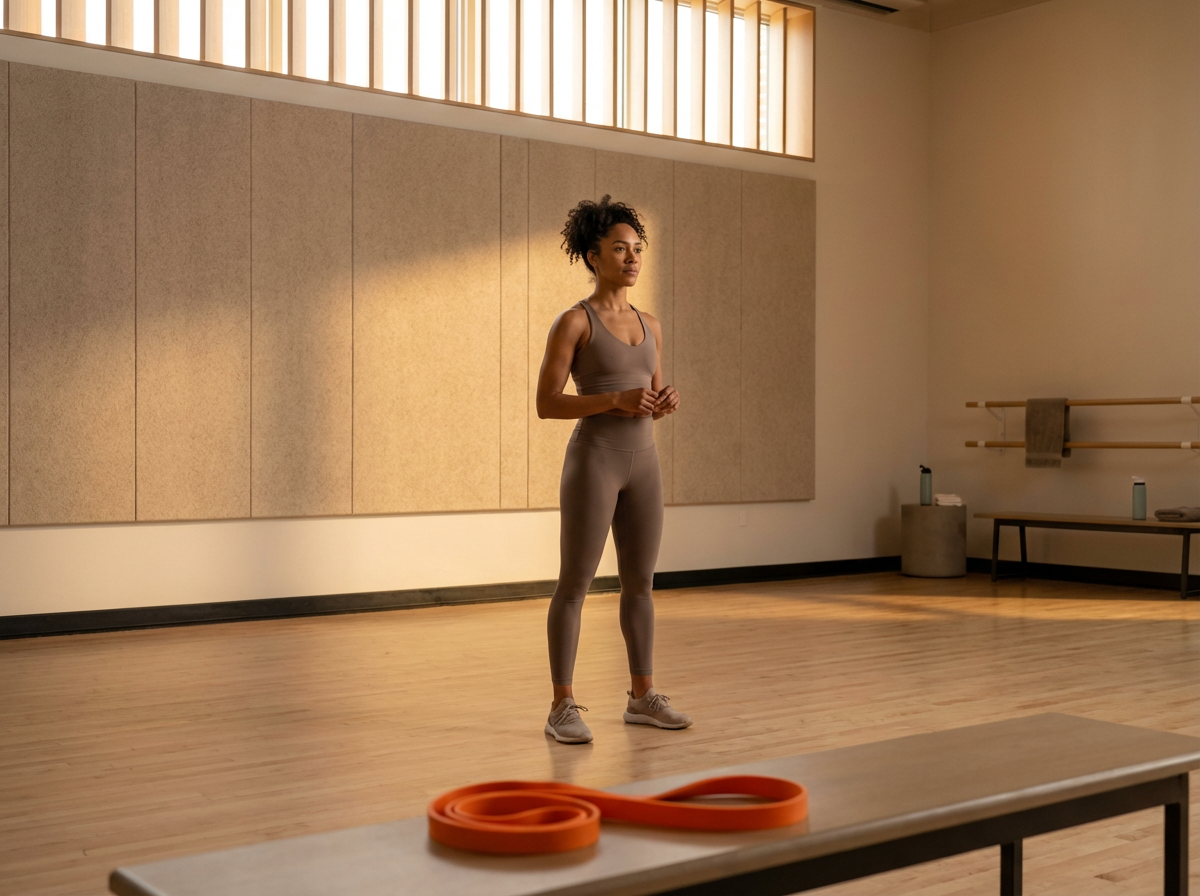 A woman in workout attire standing in a spacious, brightly lit fitness studio with wood flooring, decorative wall panels, and ballet barres. An orange resistance band is on a table in the foreground.