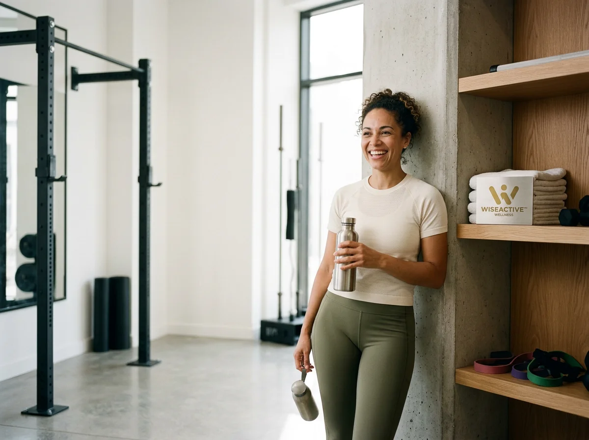 A woman smiling and holding a water bottle, standing in a modern gym next to a concrete wall with shelves containing towels, weights, and resistance bands.