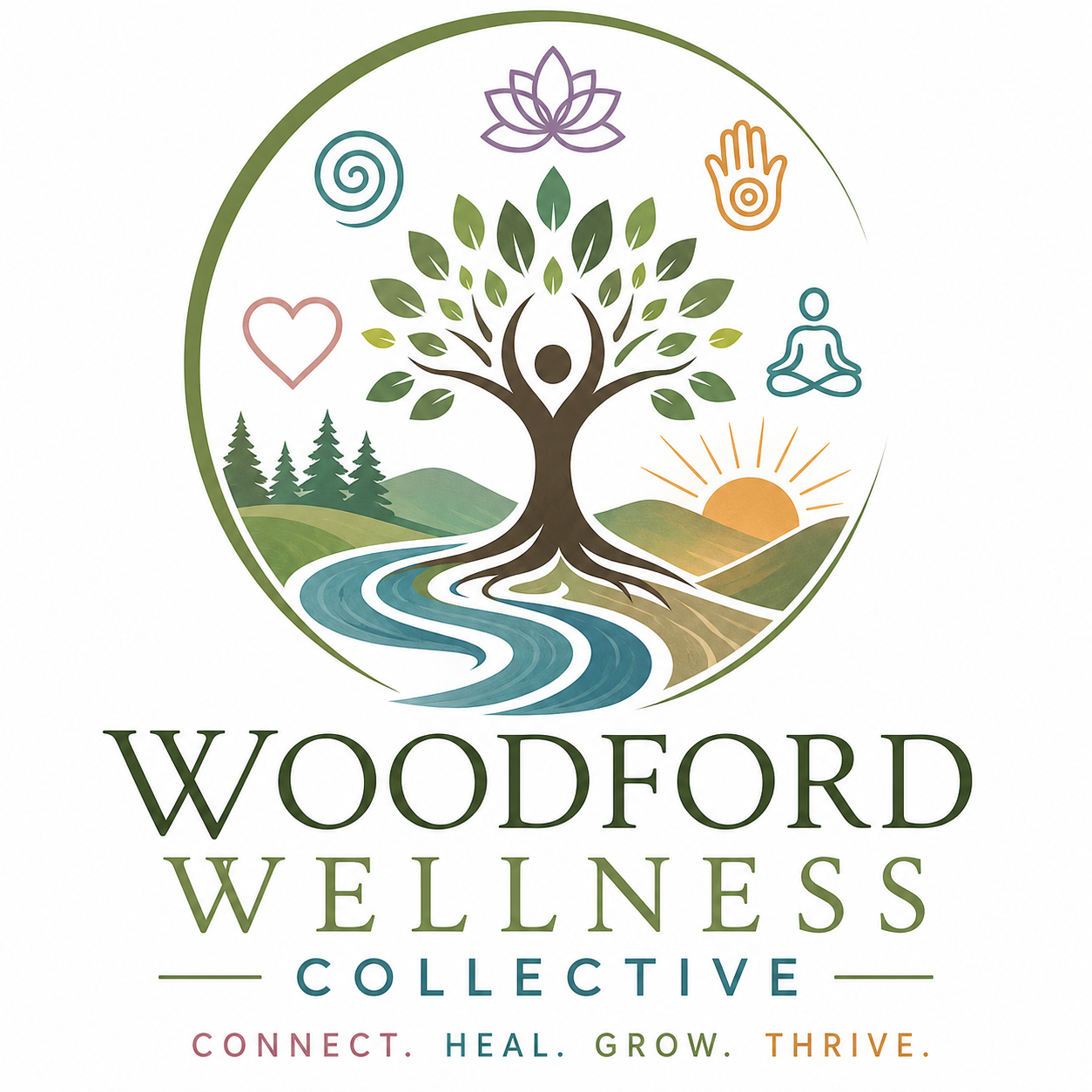 Logo for Woodford Wellness Collective featuring a stylized tree with leaves, a flowing river, hills, a setting sun, and four icons representing spiral, lotus flower, hand, and meditation. Text reads "Connect. Heal. Grow. Thrive."