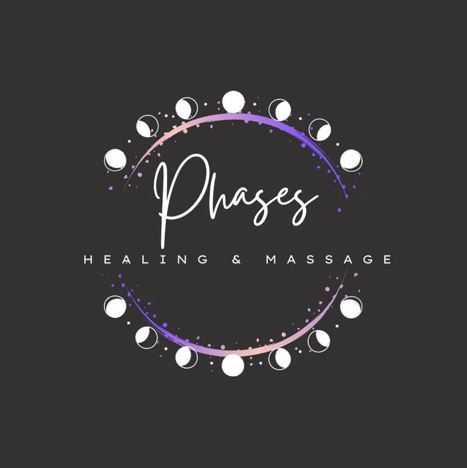 A black background with a circular design showing the phases of the moon in white and purple shades around the word 'Phases' in script font. Below, it says 'Healing & Massage' in white uppercase letters.