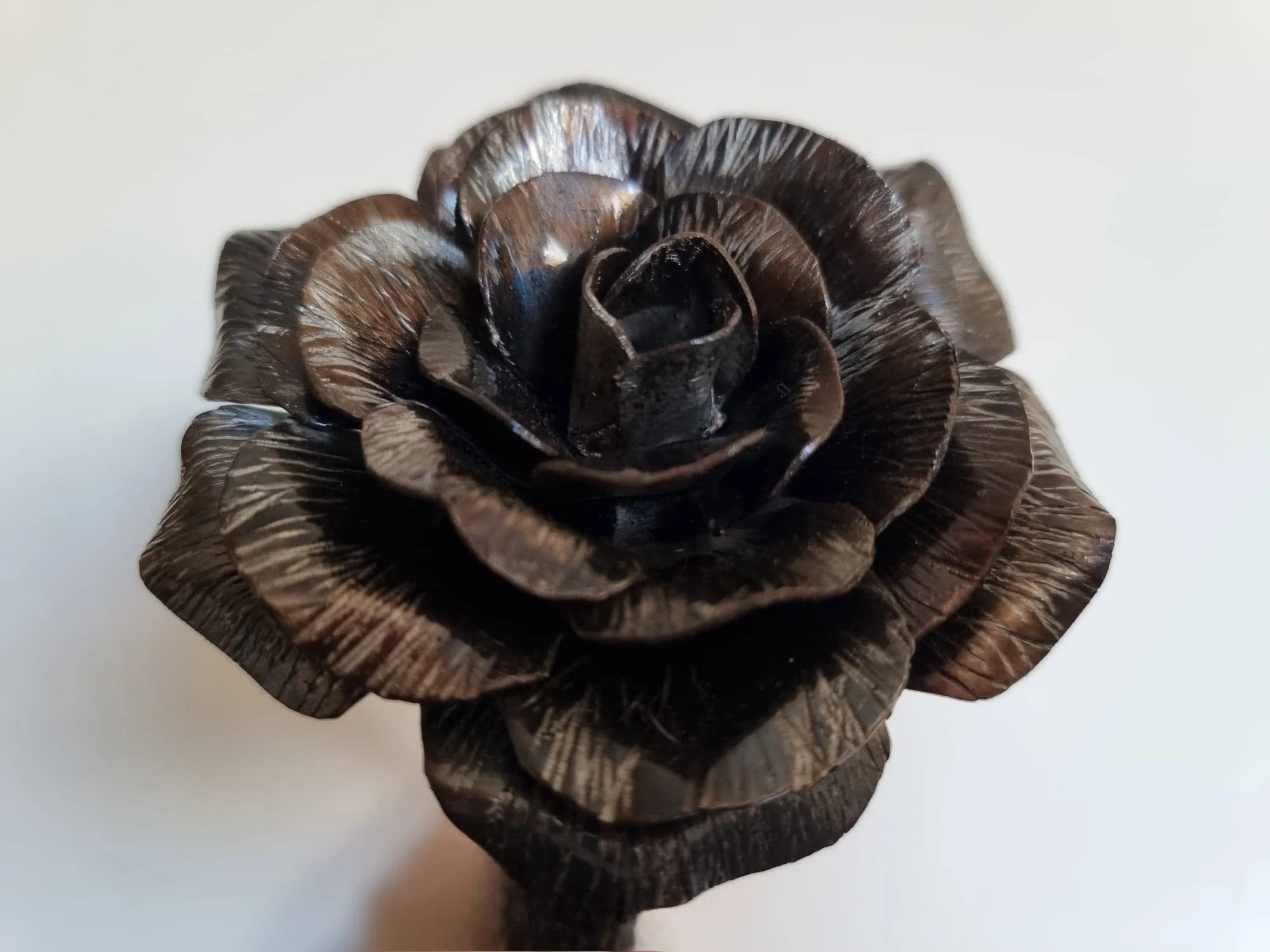 A metal sculpture of a flower with detailed petals, viewed from a low angle against a plain, light-colored background.