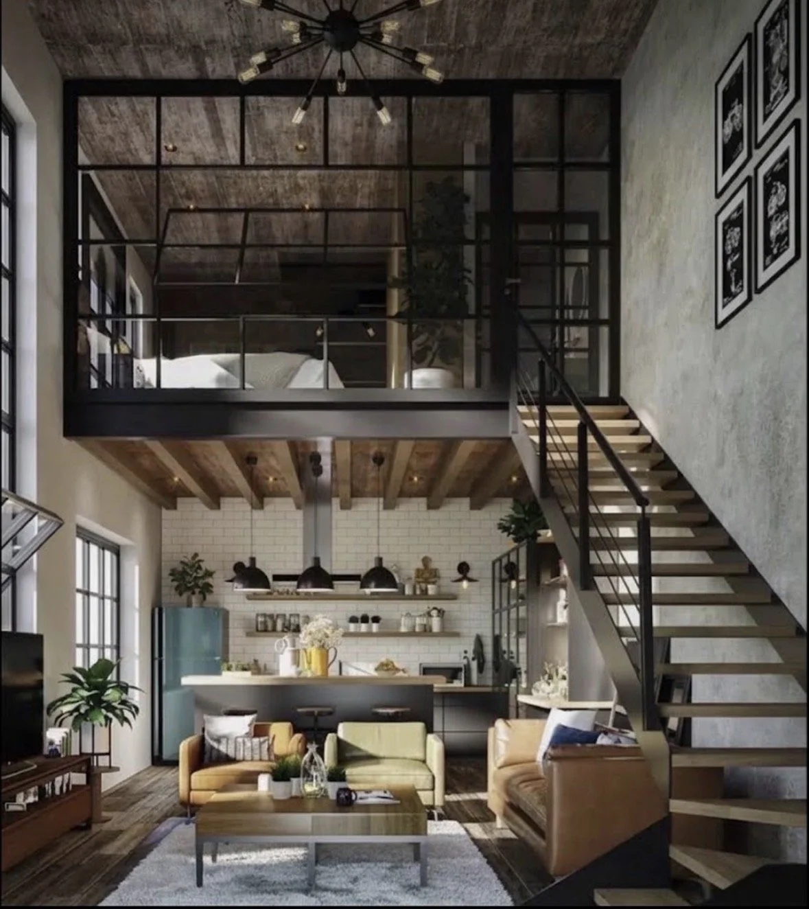 Interior of a modern, industrial-style living space with a loft bedroom above. The living room features a mustard-colored sofa, a coffee table, and a textured rug. The kitchen area has open shelves, a light-colored backsplash, and a blue refrigerator