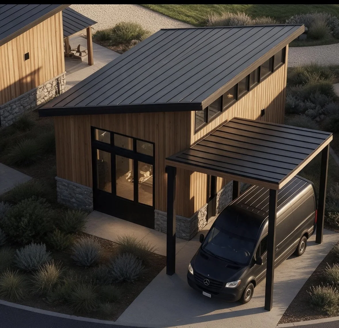 A modern two-story house with wooden and stone exterior, featuring large windows and a metal roof, with a black van parked in the driveway and landscaped shrubs surrounding the property.