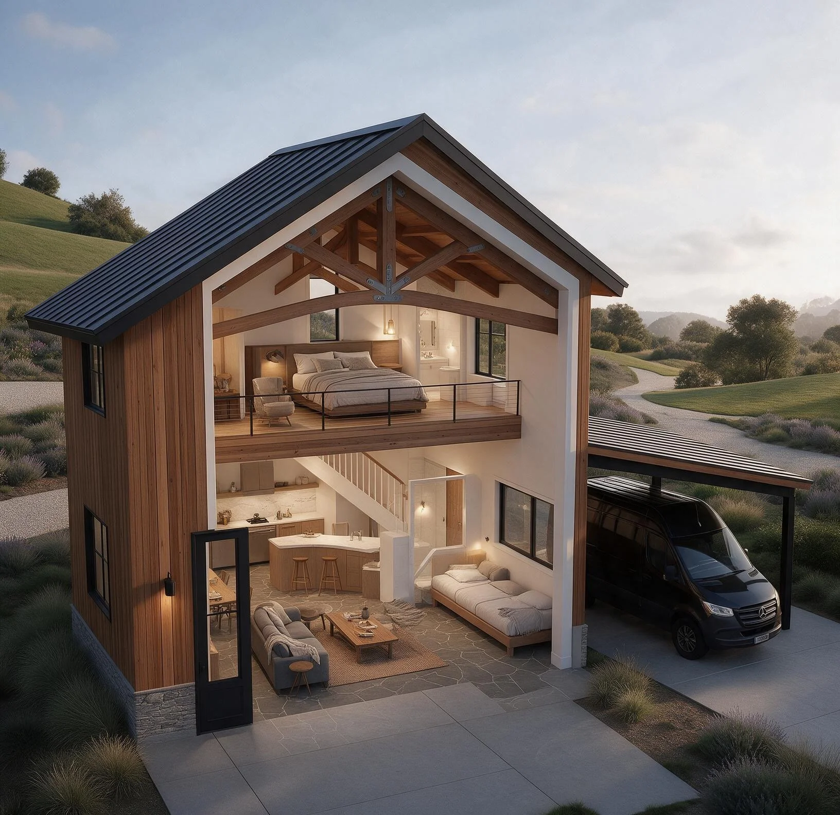 Modern house with open living space, kitchen, bedroom, and garage, set in a hilly landscape with greenery and a winding road.