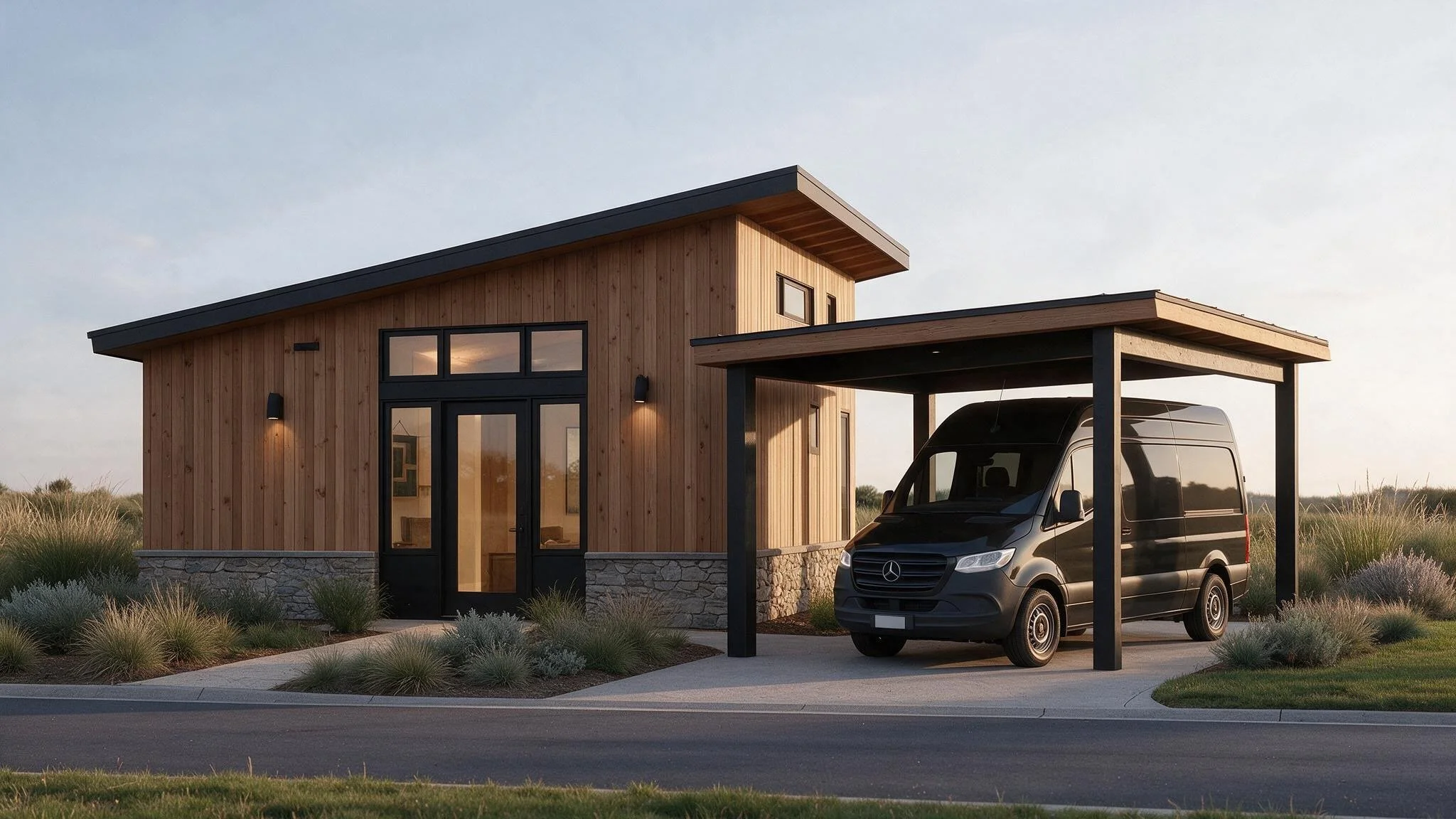 Modern wooden house with black trim, large windows, a stone foundation, and a carport with a black Mercedes van parked underneath, surrounded by a landscaped yard and grass field, during sunset.