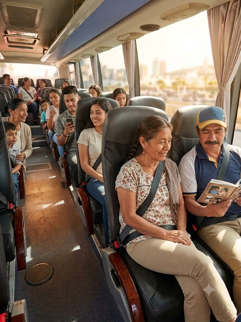 Varias personas viajando en un autobús, incluyendo niños y adultos, algunos usando teléfonos móviles y otros leyendo o conversando, con ventanas con cortinas y vistas de la ciudad al atardecer.