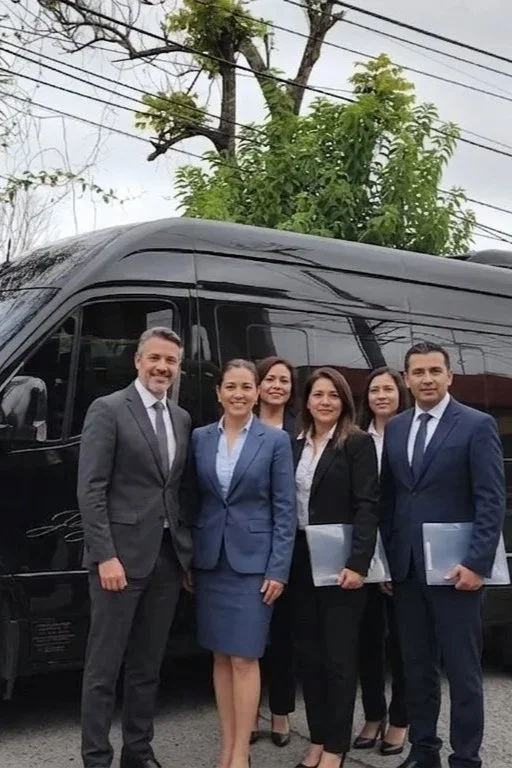 Seis personas vestidas con ropa formal posando frente a una camioneta negra, con árboles y cables en el fondo.