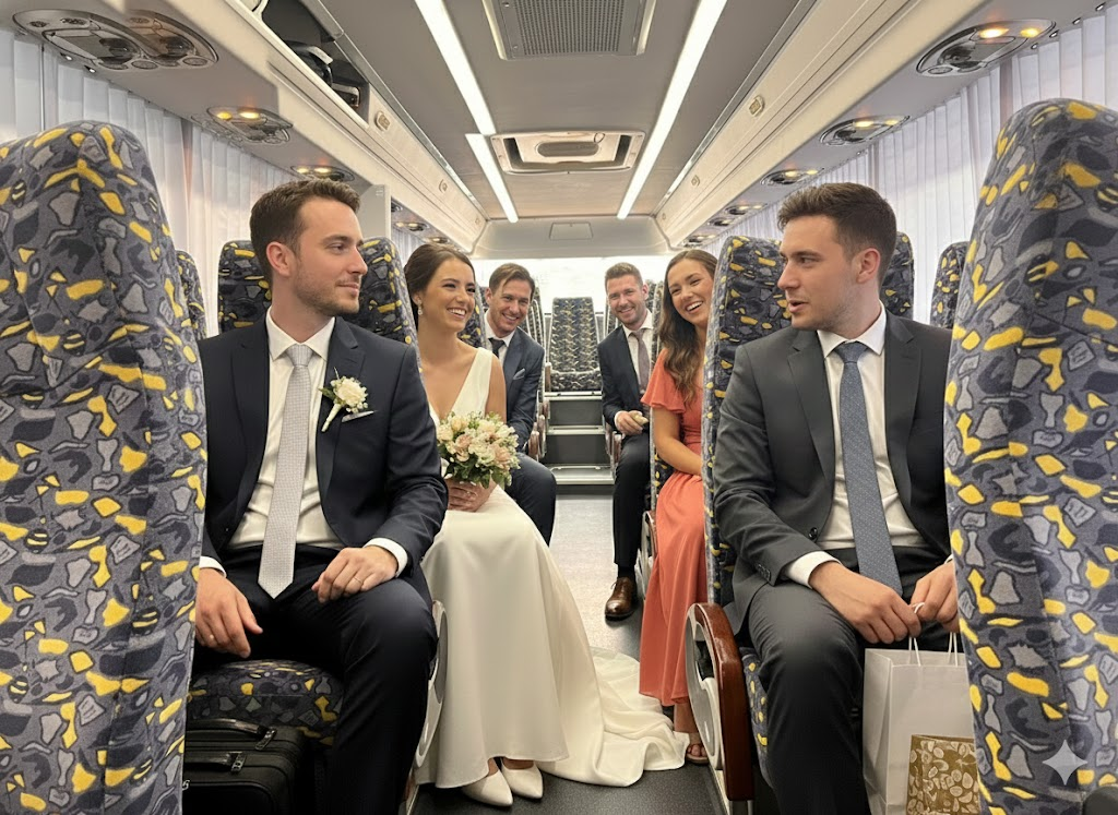 Grupo de personas en un autobús de viaje, con algunos vestidos formalmente, entre ellos una novia con ramo, en un ambiente alegre.
