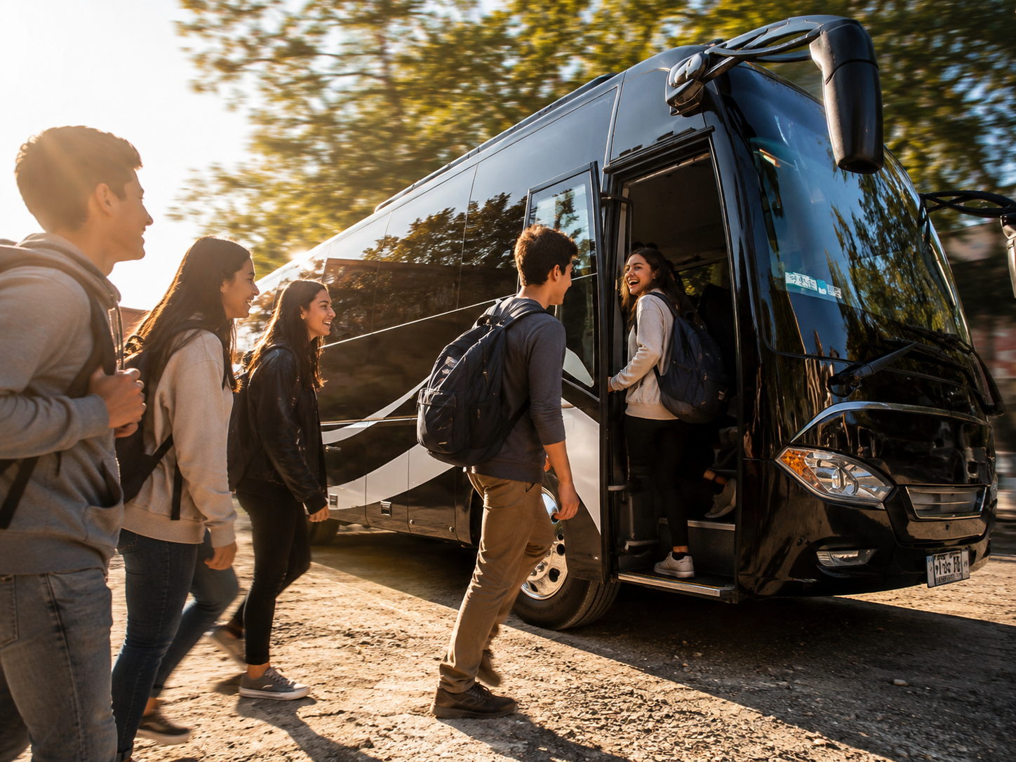 Grupo de jóvenes subiendo a un autobús negro en un entorno exterior con árboles y sol.