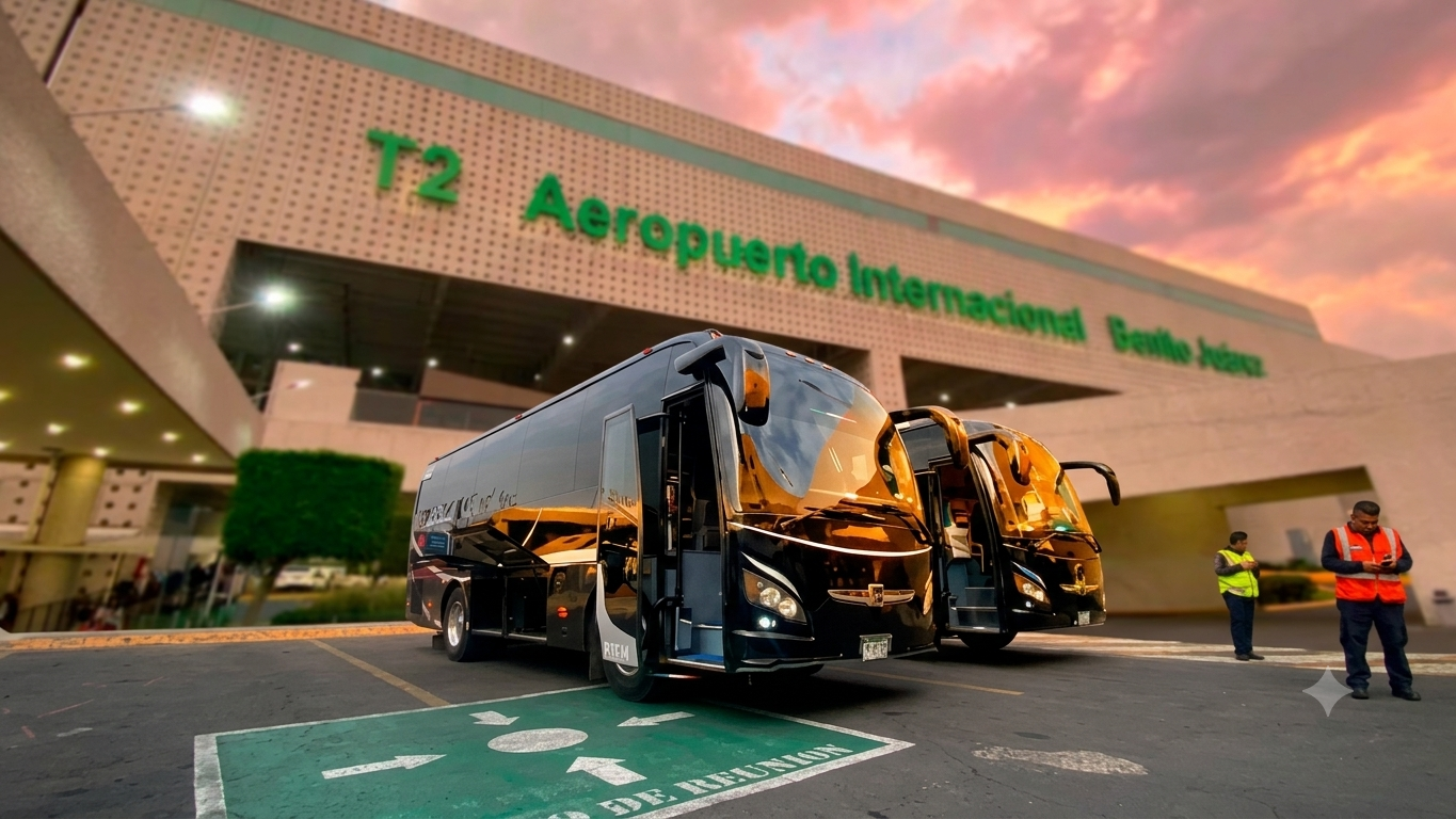 Entrada del aeropuerto internacional en un atardecer, con autobuses negros estacionados y personal de seguridad en la entrada.