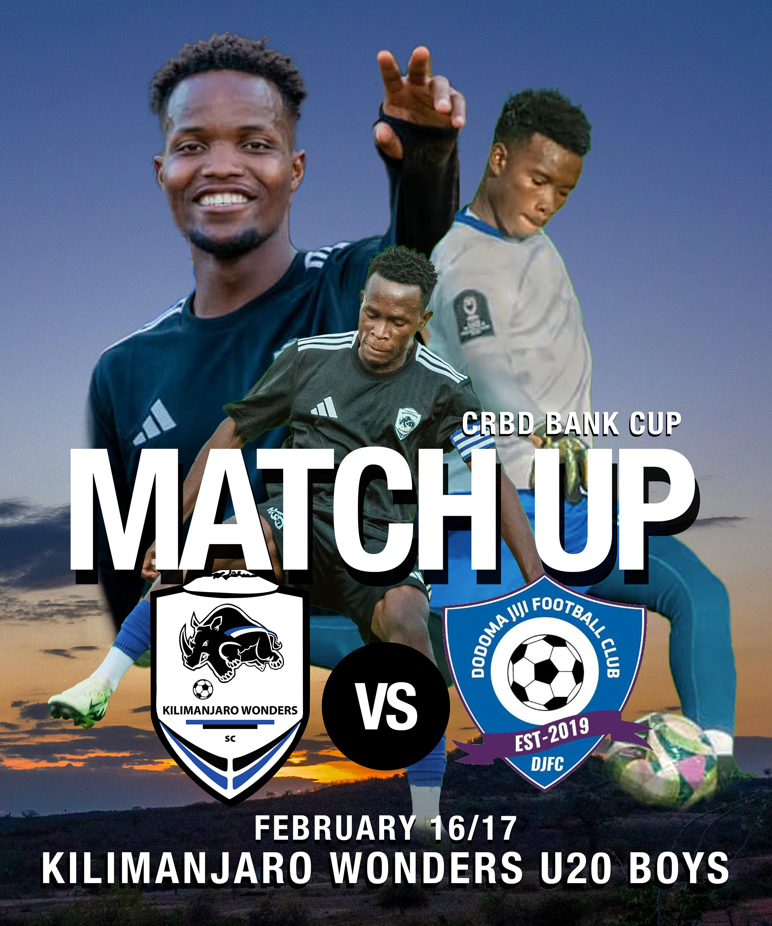 Match-up graphic from January 2026 created for socials to share information about a major match-up with u20 Boys vs #6 Tanzanian Premier League Team Dodoma Jiji FC