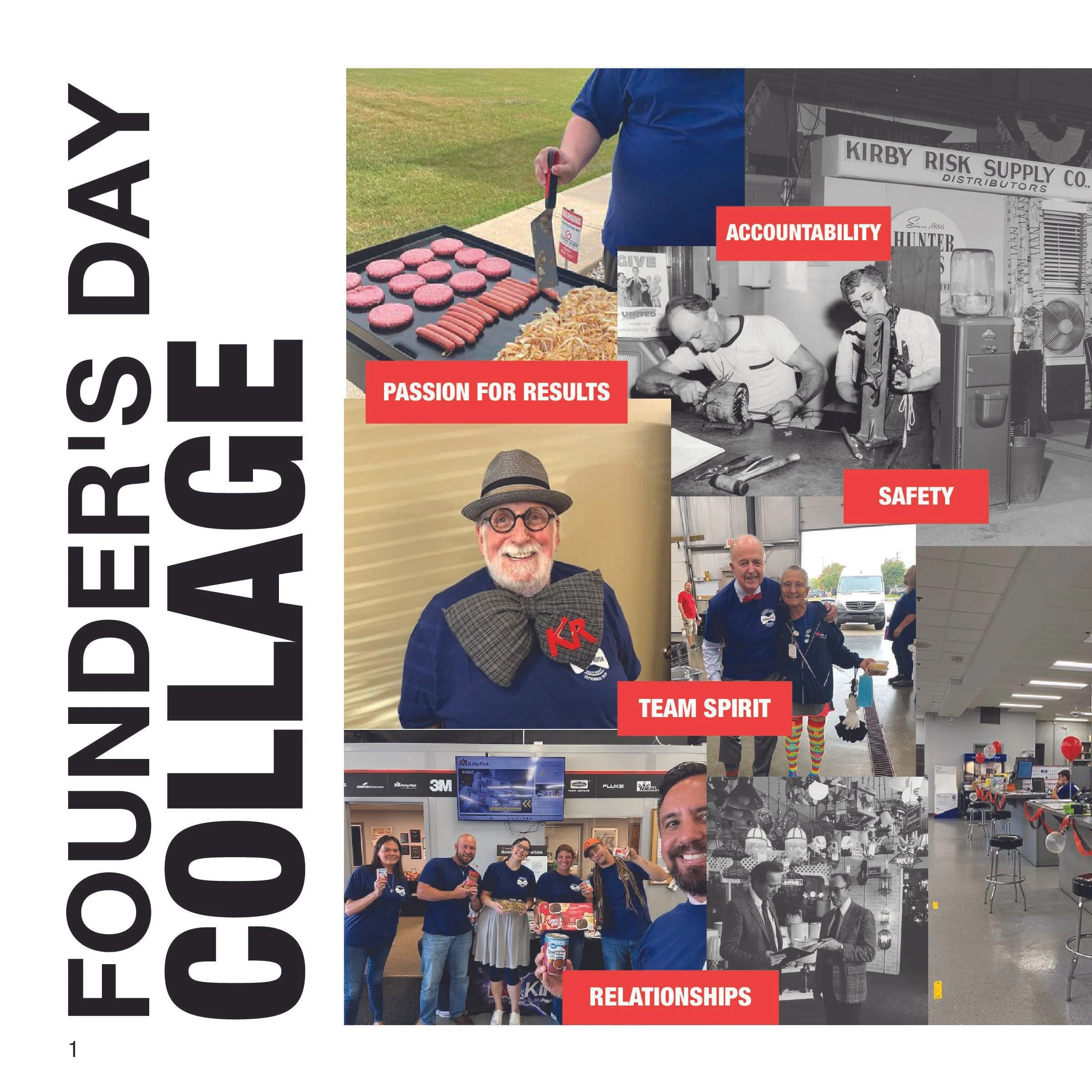 Collage visualizing how Founder's Day uses Kirby Risk's Values and Principles. 