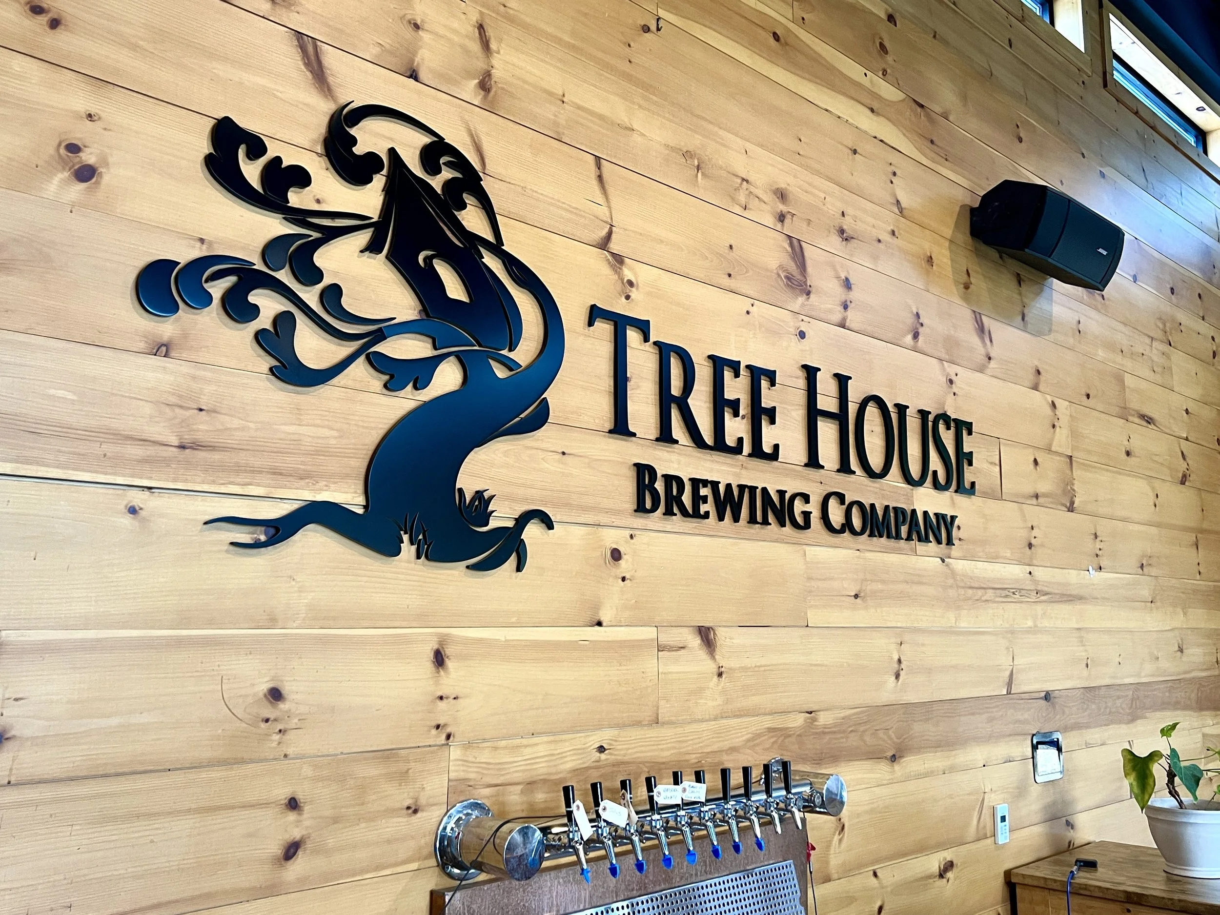 Refuge Brewing Company logo and dragon emblem on a reclaimed wood wall above a row of beer taps