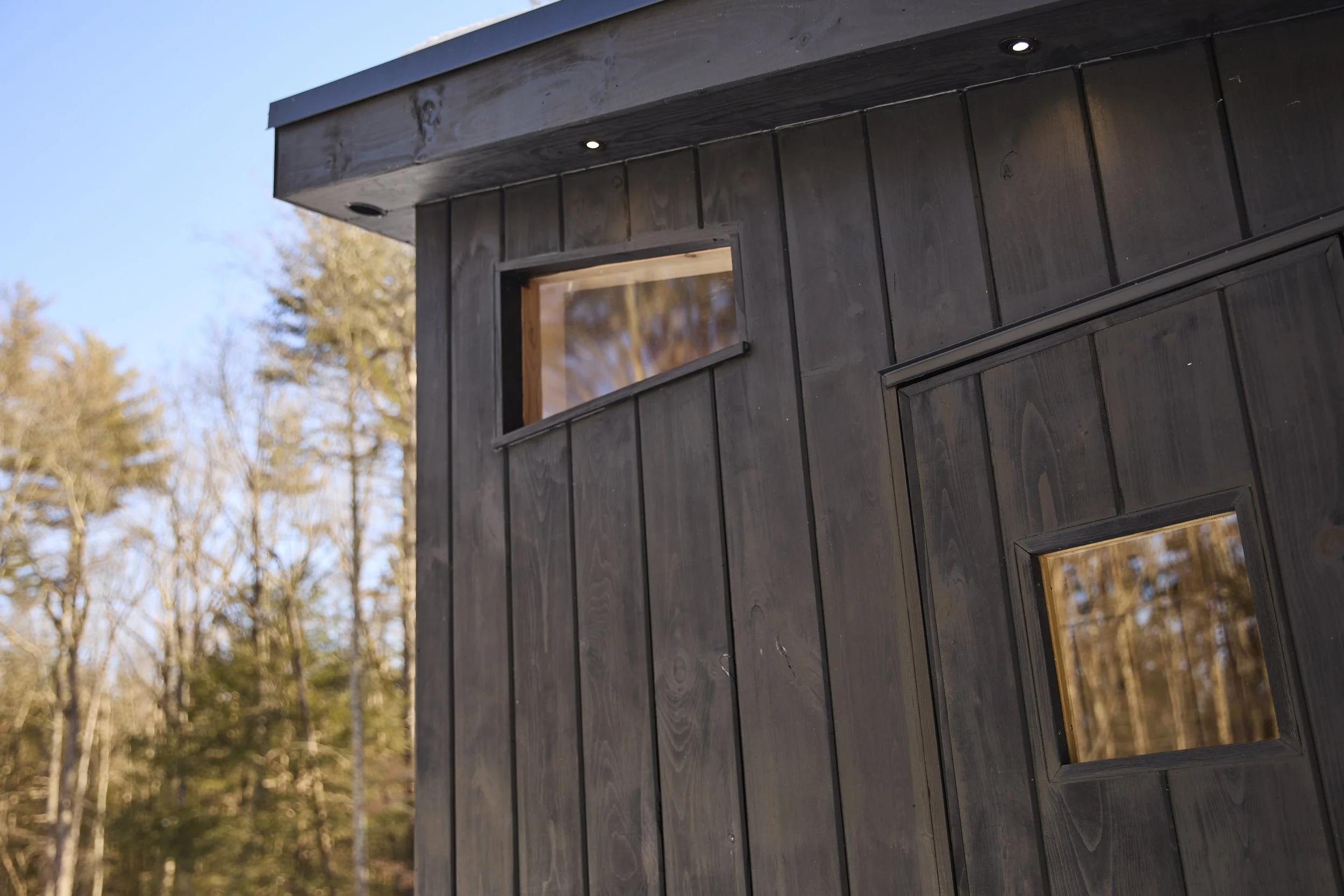 Close-up of a modern black-stained wooden cabin exterior with windows, recessed eave lighting, and trees in the background