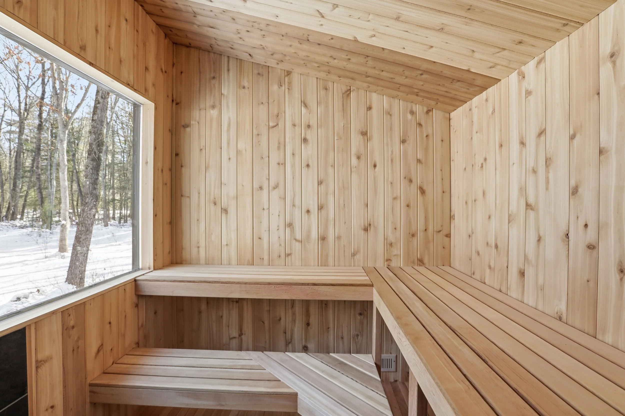 Wood-paneled home sauna with tiered benches and a large window overlooking a snowy forest
