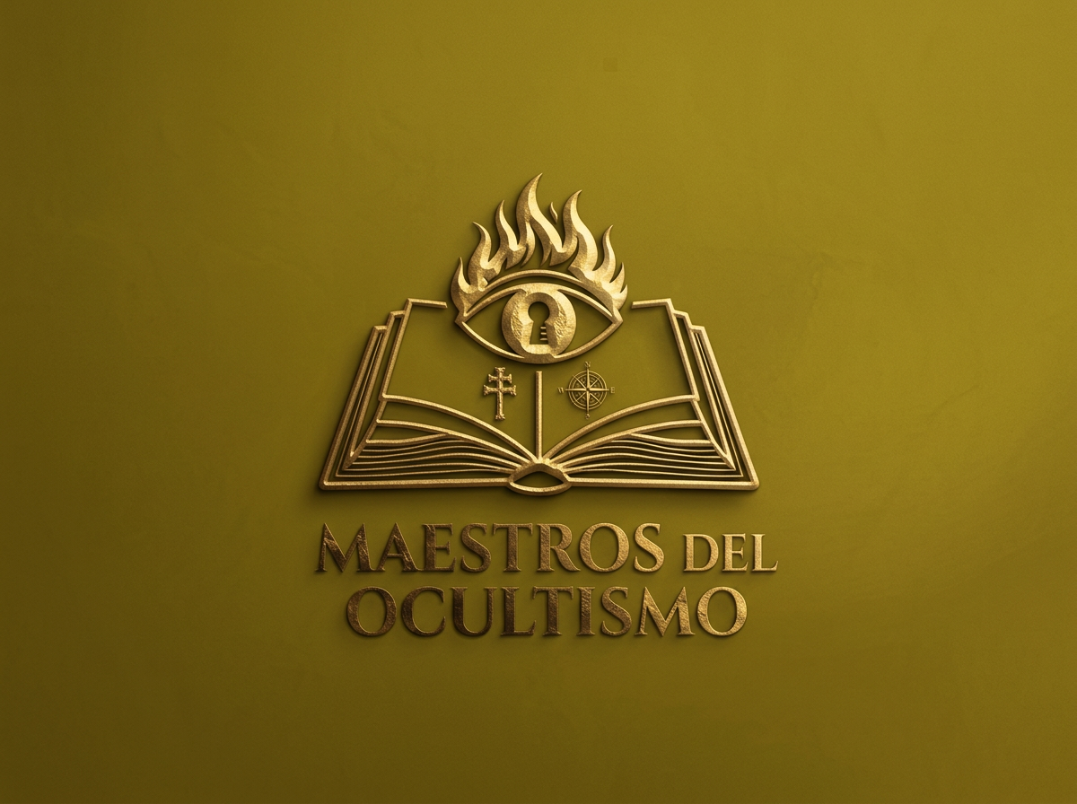 Logo dorado con libro abierto, una llave, un símbolo de cruz, una flecha y una brújula, y una llama sobre un fondo verde, con texto que dice 'Maestros del Ocultismo'.