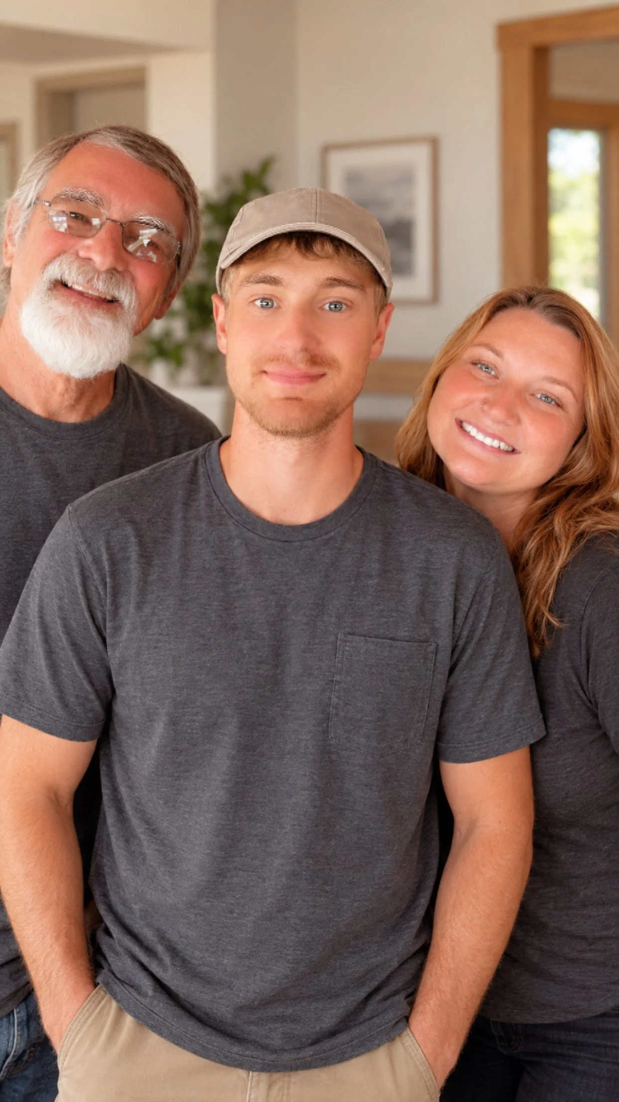 A close-up of three people smiling, a senior man with glasses on the left, a young man with a cap in the middle, and a young woman on the right, all wearing gray shirts, standing inside a house.