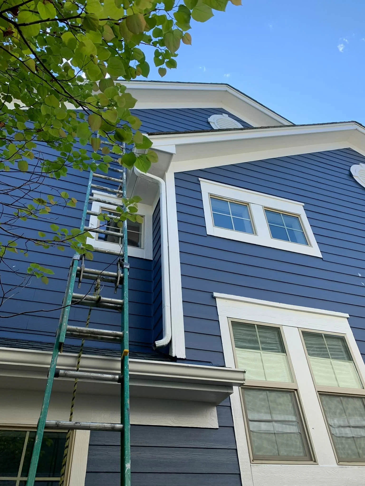 A blue house with white trim, multiple windows, and a chimney, viewed from below with a ladder leaning against it. Part of a leafy tree is visible in the top left corner, and the sky is clear and blue.