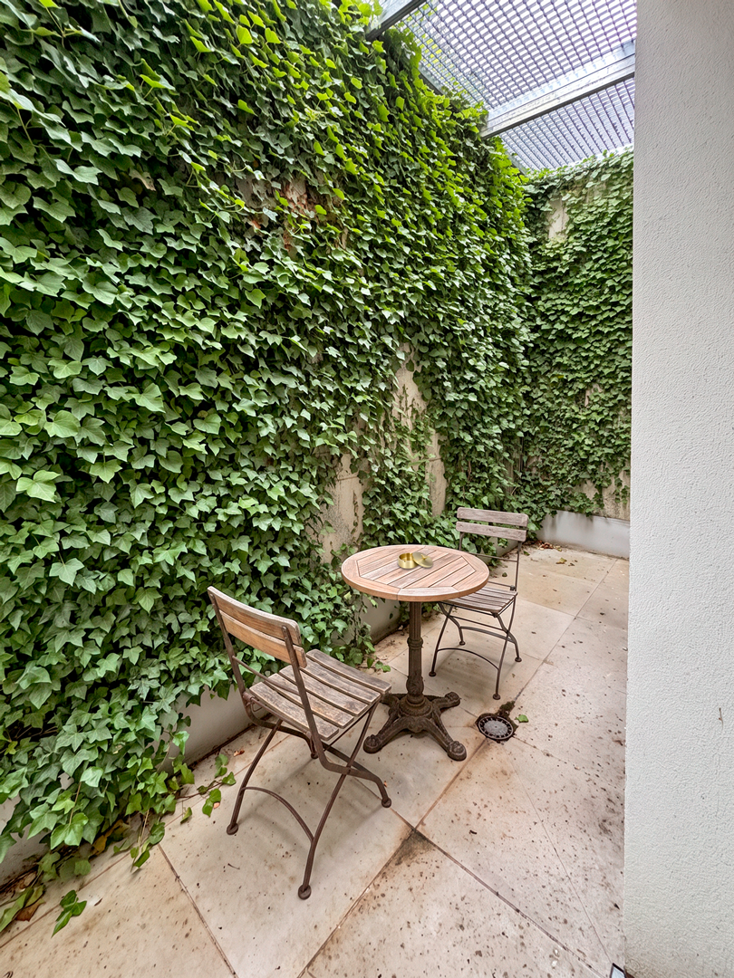 Un patio con paredes cubiertas de hiedra verde y una pequeña mesa de madera con dos sillas de metal. Hay un tronco en el suelo y un techo de hierro con vidrio que deja entrar luz natural.