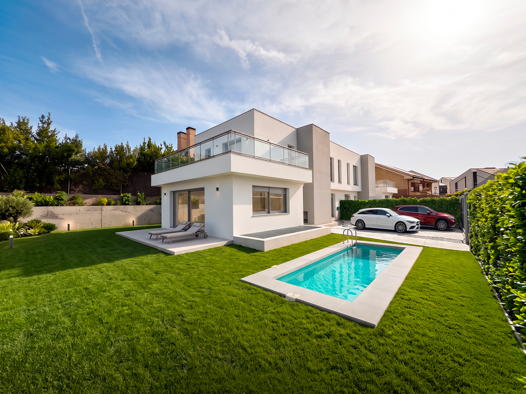 Casa moderna con piscina, jardín bien cuidado y coches estacionados, bajo un cielo despejado