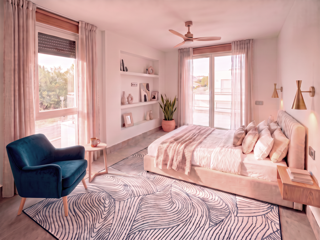 Cuarto elegante con cama, sillón azul, estanterías con decoraciones, ventana con cortinas, y vista a un balcón