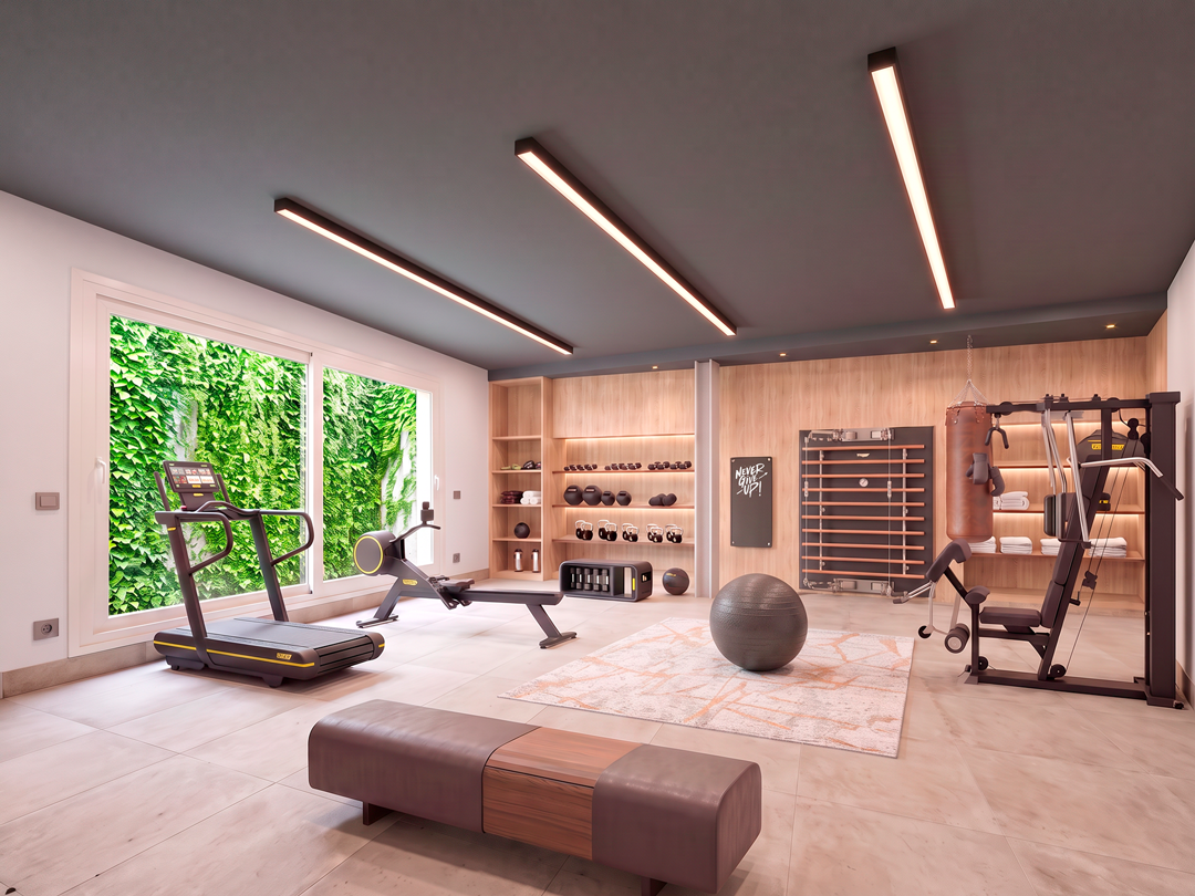 Gimnasio con máquinas de correr, pesas, pelota de ejercicio, equipo de entrenamiento en un espacio luminoso con ventanas de vidrio y paredes de madera.
