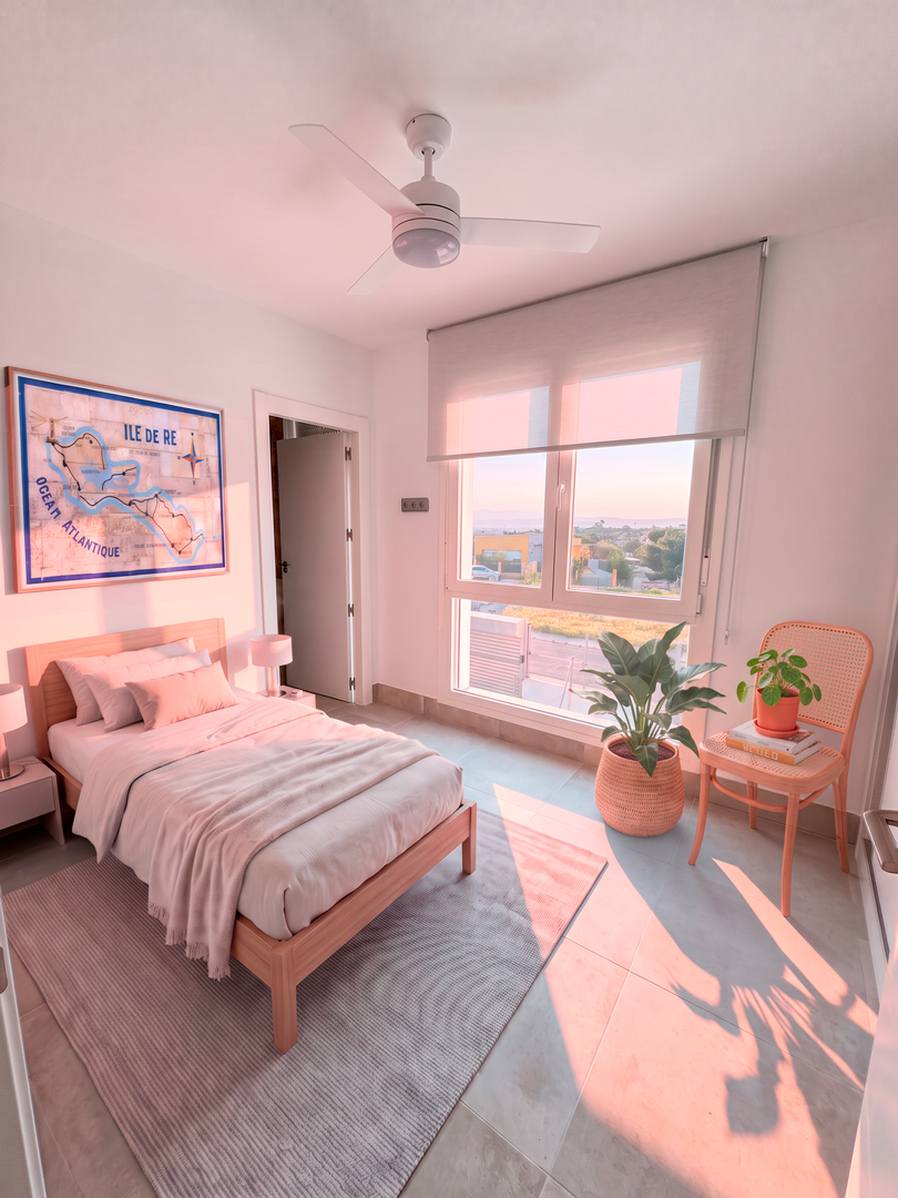 Habitación moderna con cama de madera clara, paredes blancas, ventanales grandes con cortinas blancas, plantas en macetas y un mapa de una isla en la pared
