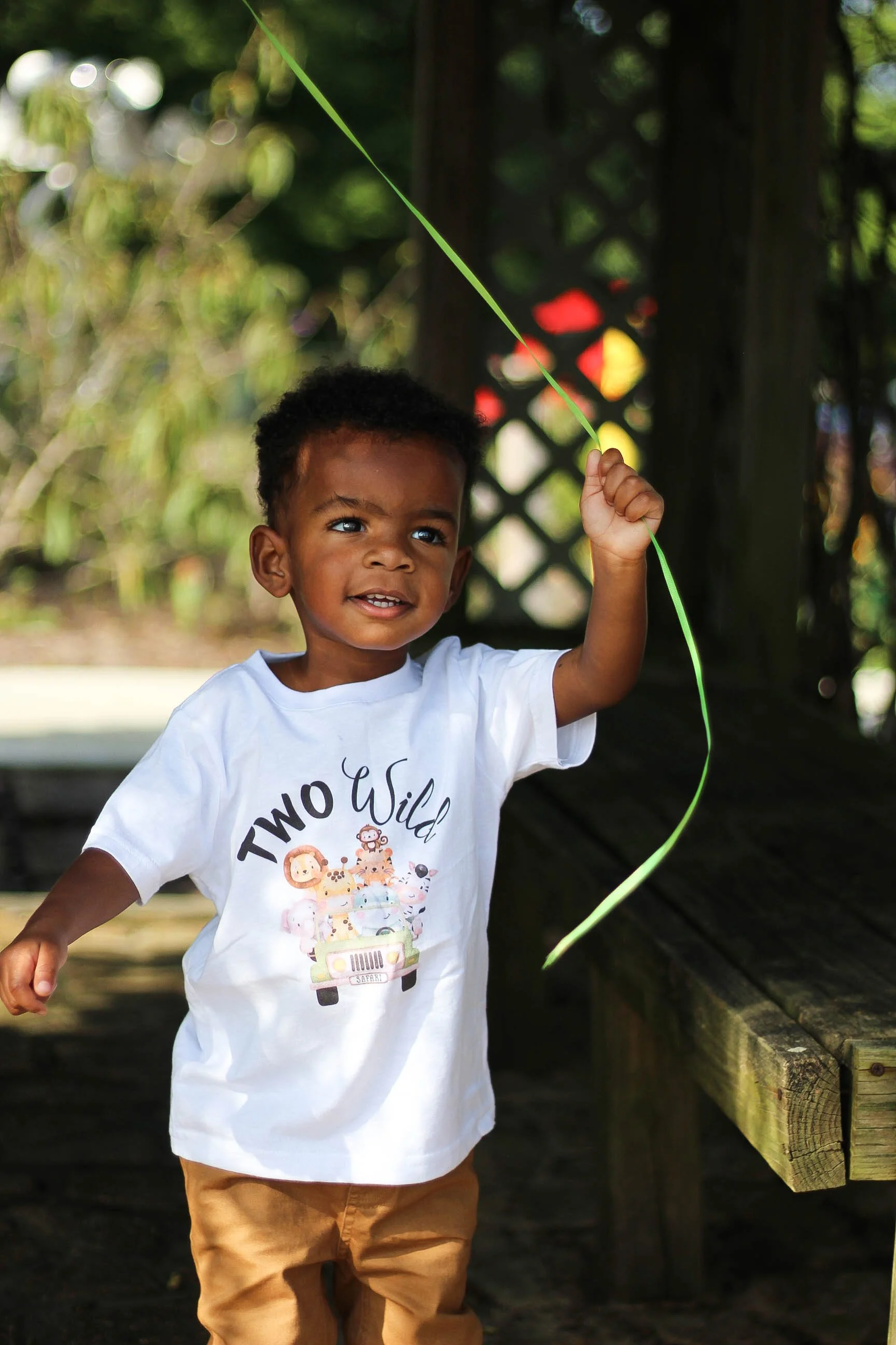 A young boy with dark curly hair holding a green balloon while standing on a wooden bridge in an outdoor park or garden with lush greenery in the background.