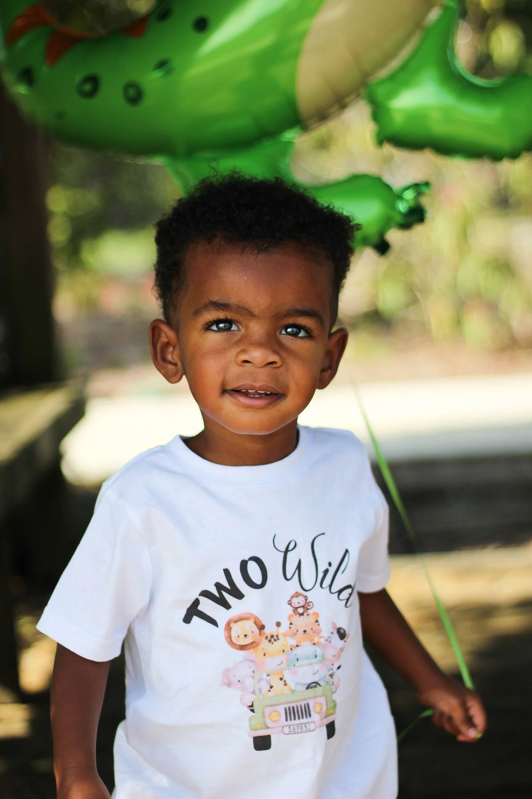 A young boy with dark curly hair and brown skin. He's wearing a white T-shirt with a colorful design of animals and a cartoon vehicle. He's outside, standing under a large green balloon shaped like a dinosaur or animal. The background is blurry, indi
