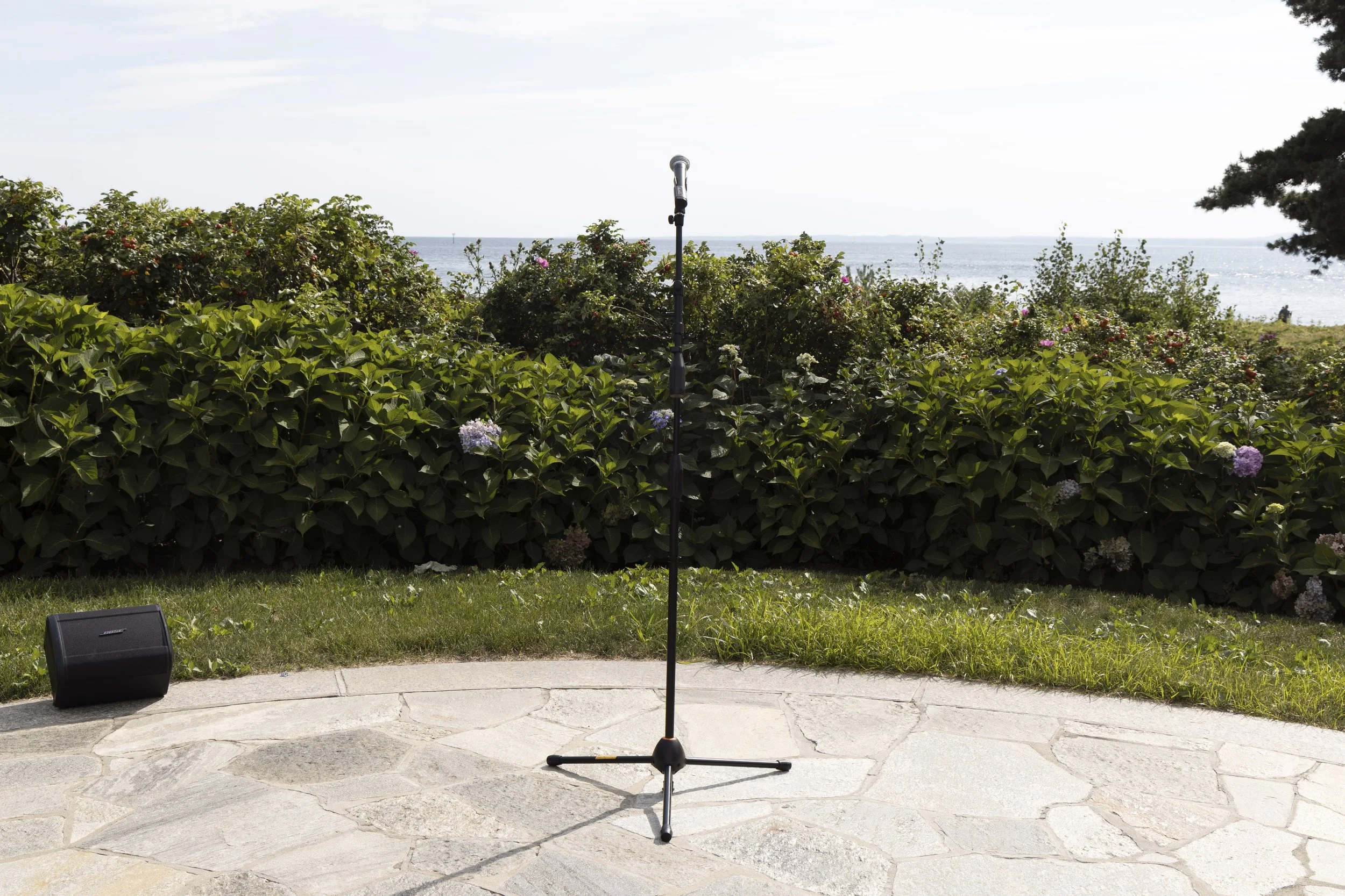 Microphone on a stand set up outdoors on a stone patio, with a background of bushes, trees, and a body of water under a partly cloudy sky.
