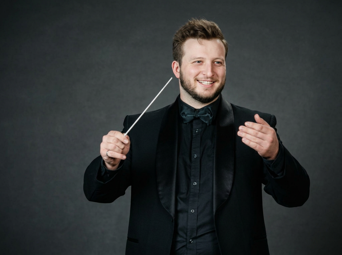 A man in a black tuxedo smiling and holding a conductor's baton in his right hand, standing against a dark gray background.