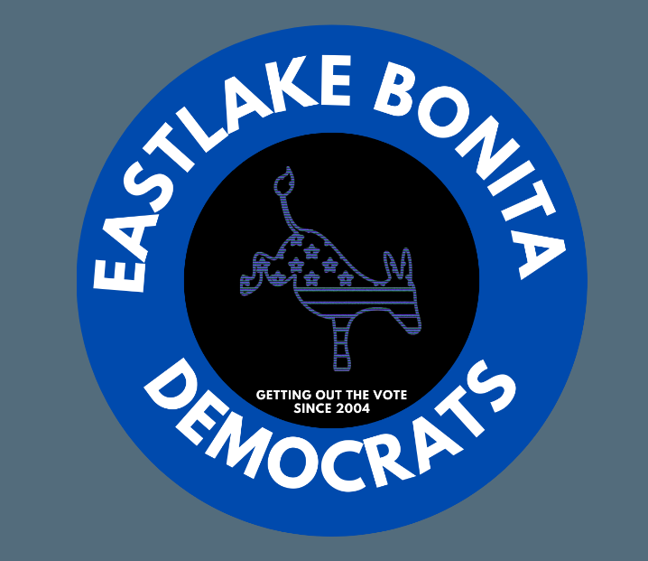 A circular logo with a blue outer ring containing the text "EASTLAKE BONITA DEMOCRATS". Inside the ring, there is a black circle with a stylized blue and black dog figure and the white text "GETTING OUT THE VOTE SINCE 2004".