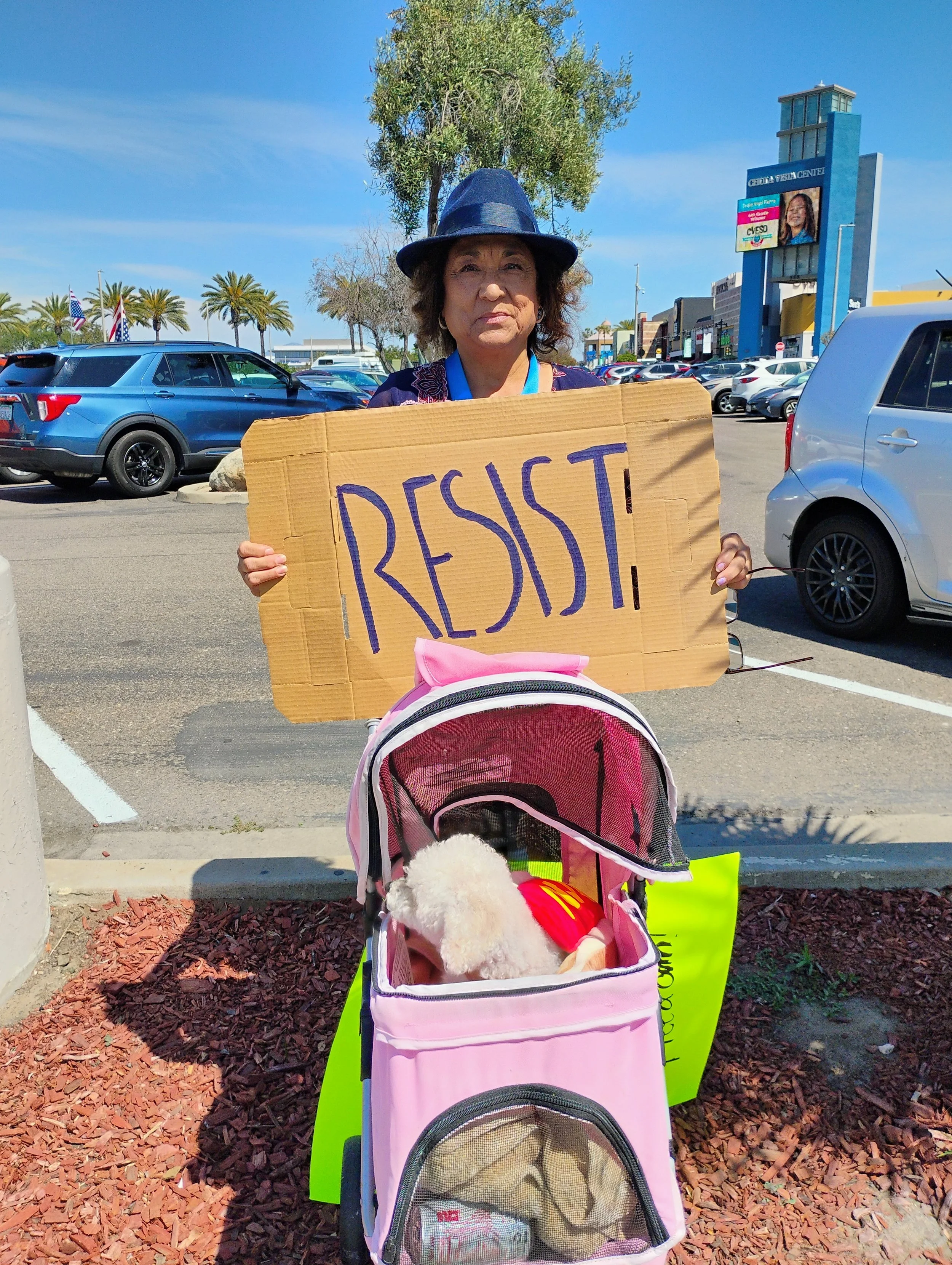 A woman wearing a blue hat holding a cardboard sign with the word 'RESIST' in purple. She is standing outdoors in a parking lot with cars, trees, and a building in the background. A pink pet stroller with a small white dog inside is in the foreground.