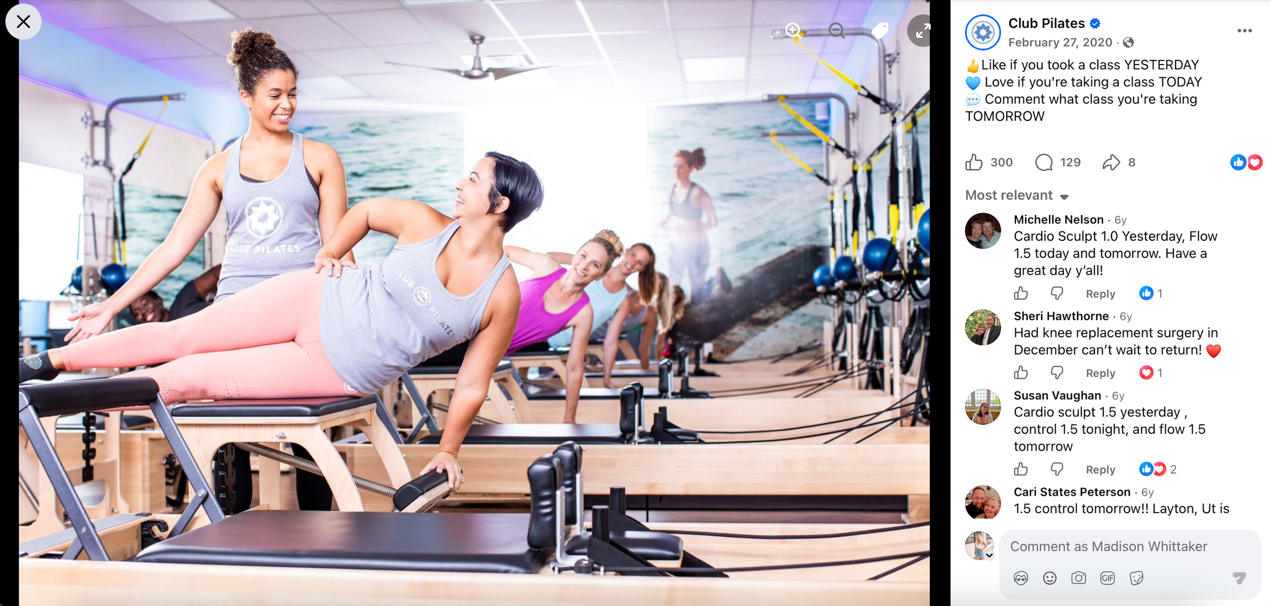 Group of women participating in a Pilates class in a gym, with a background of a water scene.