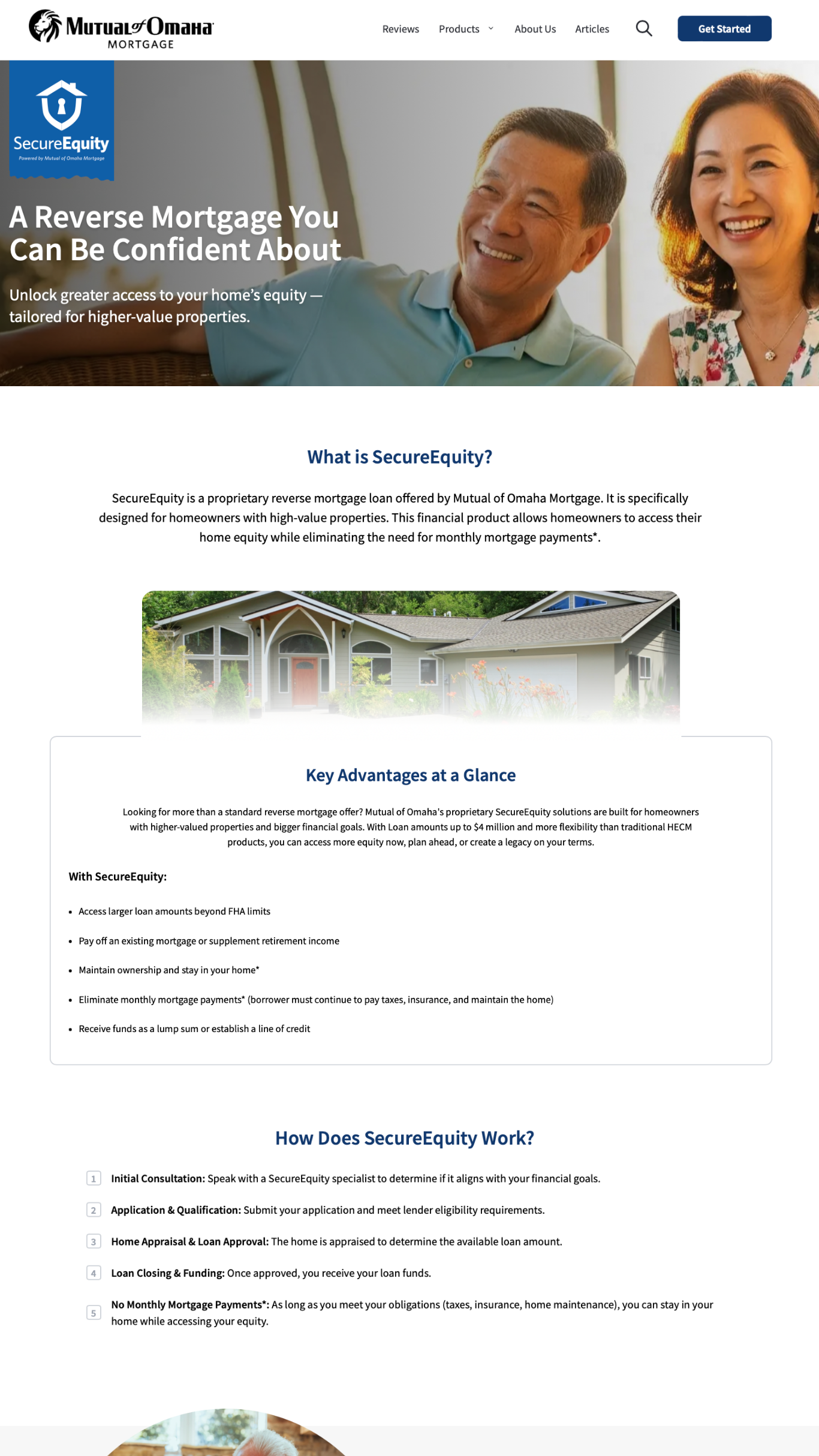 Webpage for Mutual of Omaha SecureEquity reverse mortgage. Features a smiling older couple and an image of a house, with sections explaining the product and its benefits.