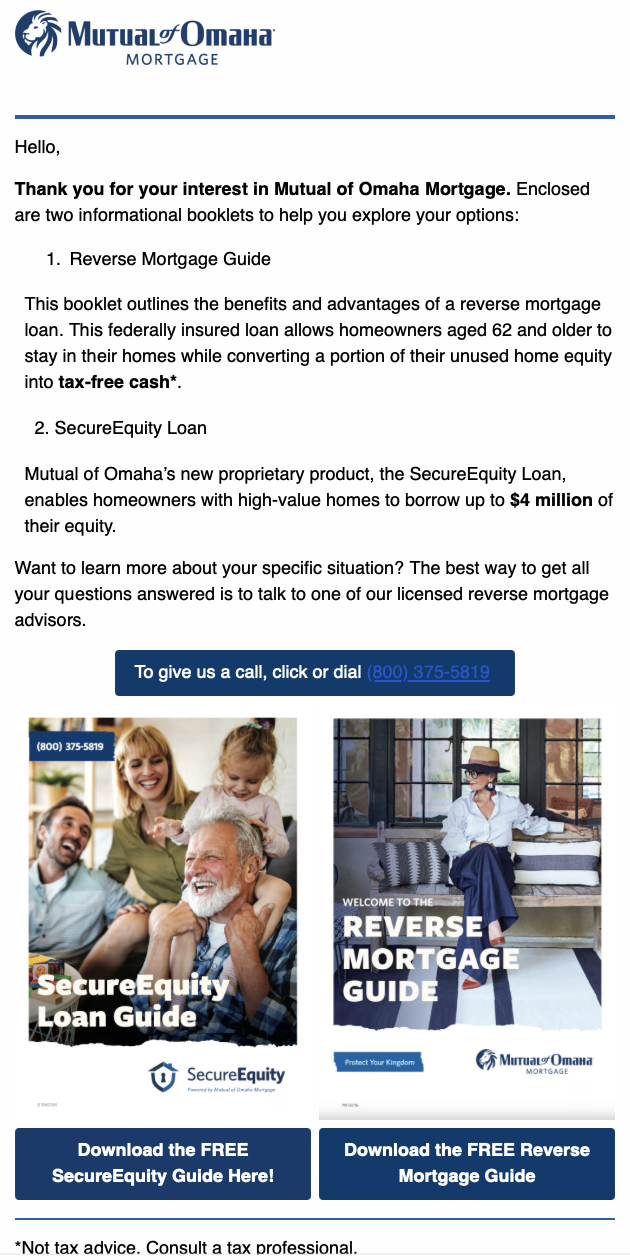 A promotional flyer for Mutual of Omaha Mortgage, offering guides on reverse mortgages and secure equity loans, with colorful images of happy people and a woman sitting in a cozy room. Contains contact information and download links for free guides.