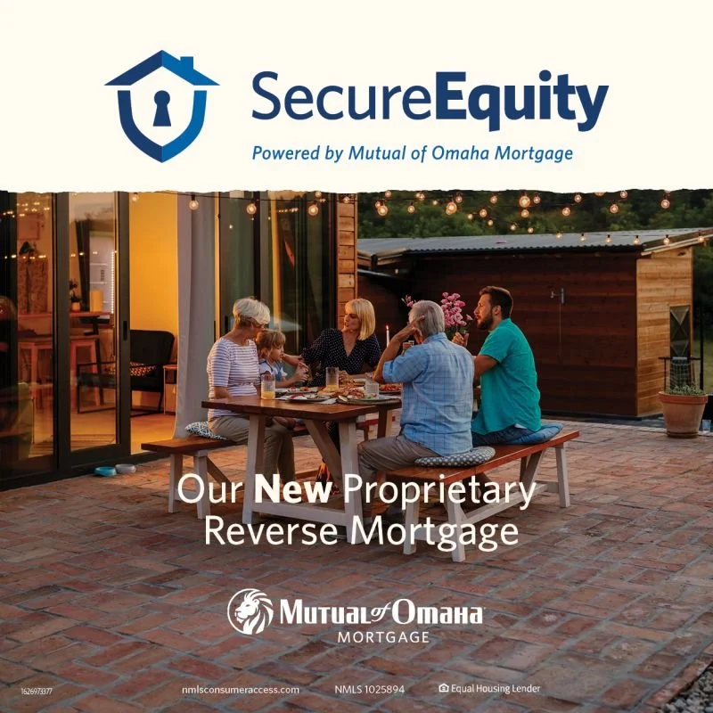 People sitting at a wooden table outdoors on a patio, enjoying a meal with string lights above, with a house in the background, in a promotional image for SecureEquity, powered by Mutual of Omaha Mortgage, advertising a new proprietary reverse mortgage.