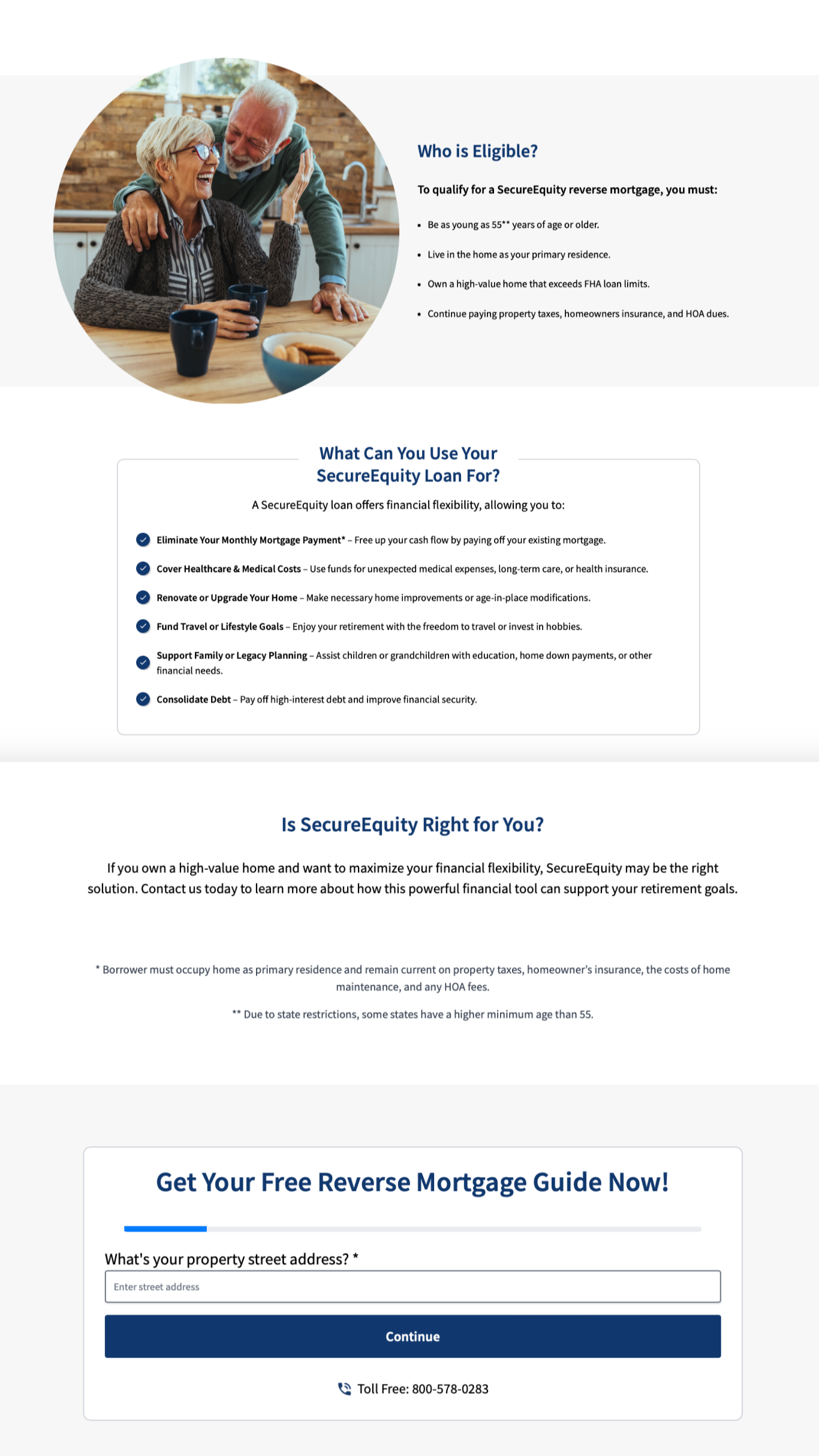 Image of an advertisement page for SecureEquity reverse mortgage. It features a photo of an elderly couple smiling and enjoying coffee at home, located in a circular frame at the top left. The page text explains eligibility requirements, uses, and benefits of the loan, and includes a form to get a free reverse mortgage guide.