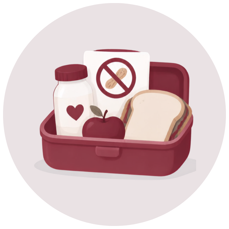 A red lunchbox containing a bottle with a love heart, an apple, a sandwich, and a carton with a no-peanut sign.